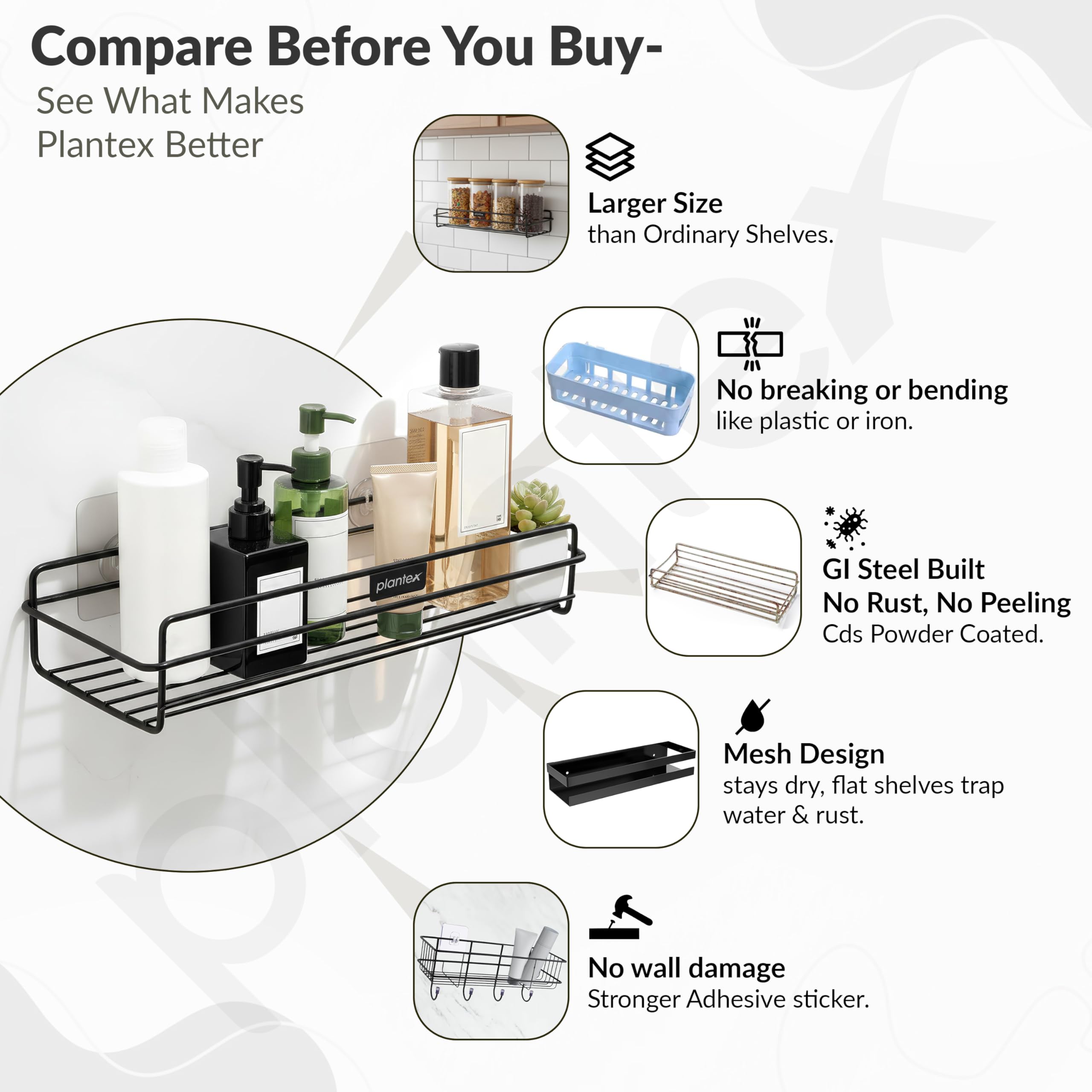 Plantex Self Adhesive Bathroom Shelf Rack/Bathroom Organiser Without Drill/GI-Steel Shelf for Kitchen with Magic Stickers/Bathrooms Accessories- (12x5 inches,Black) — Amazon image 5