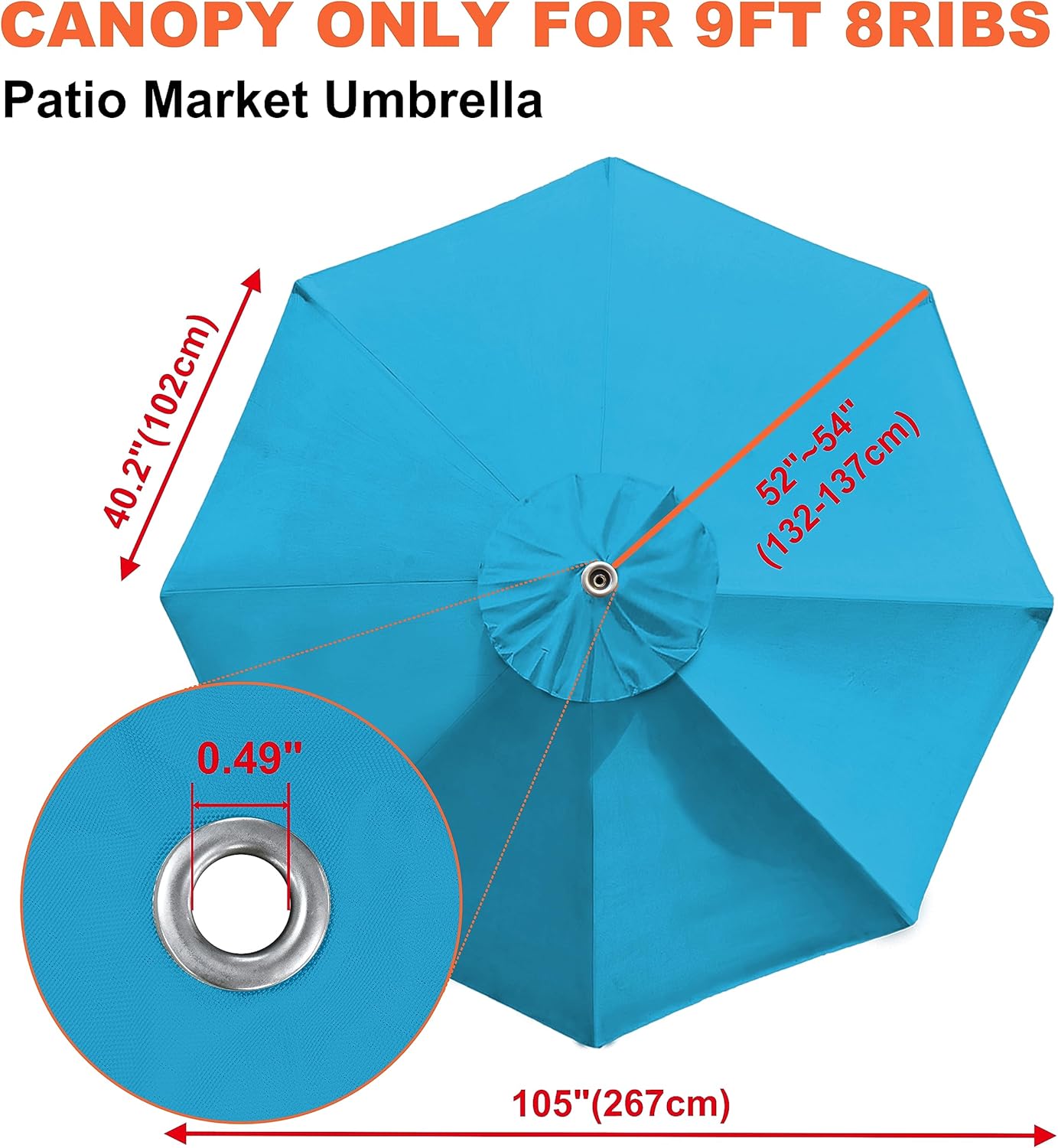 EliteShade USA 9FT Patio Umbrella Replacement Covers 8 Ribs Market Umbrella Canopy Cover (CANOPY ONLY) (Sky Blue)