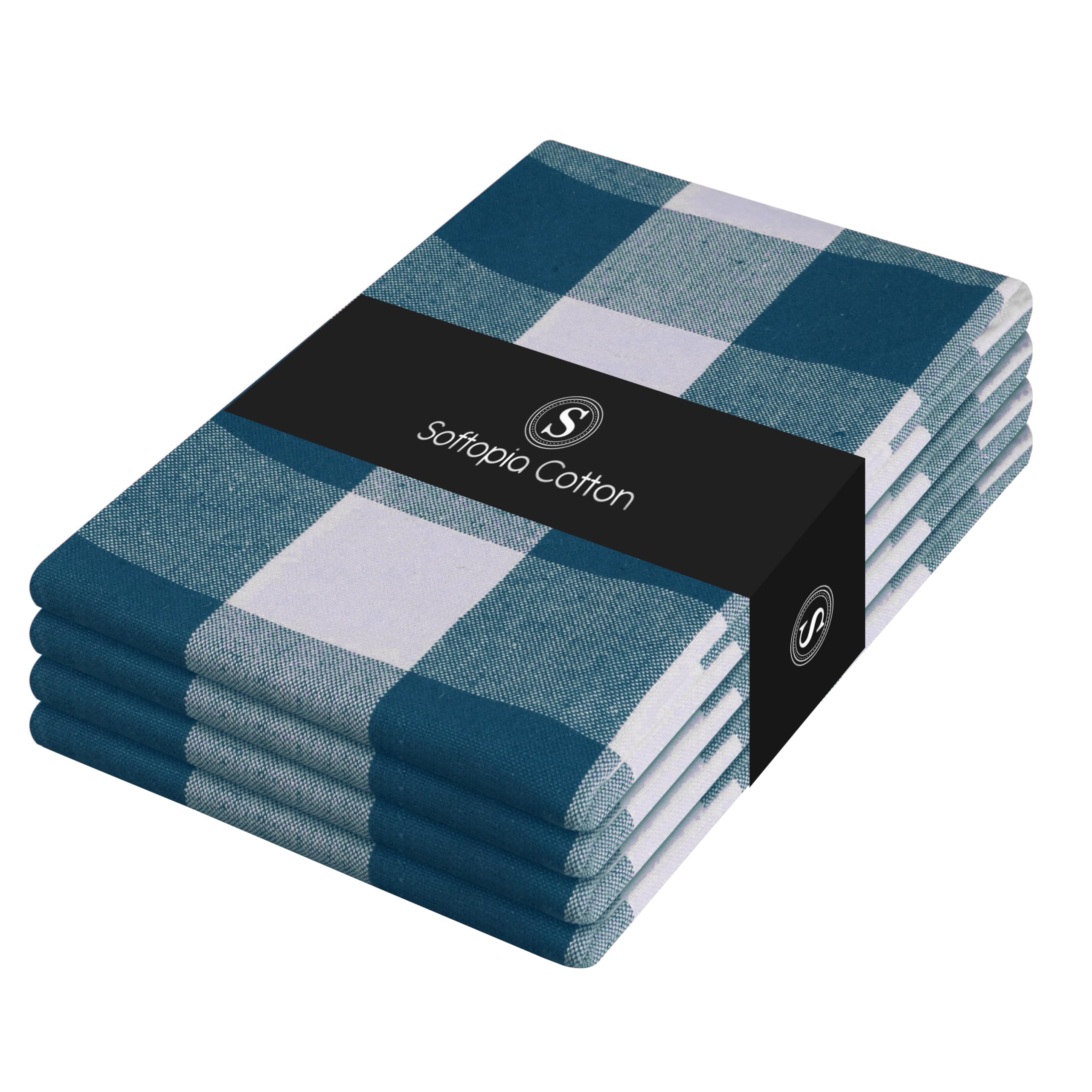 Teal Buffalo Check Plaid Kitchen Towels, 4 Pack, 100% Cotton, 16x26 Inches, Super Absorbent, Quick Dry, Soft, Dish Drying &amp; Cleaning Towels with Hanging Loop, Teal Green and White