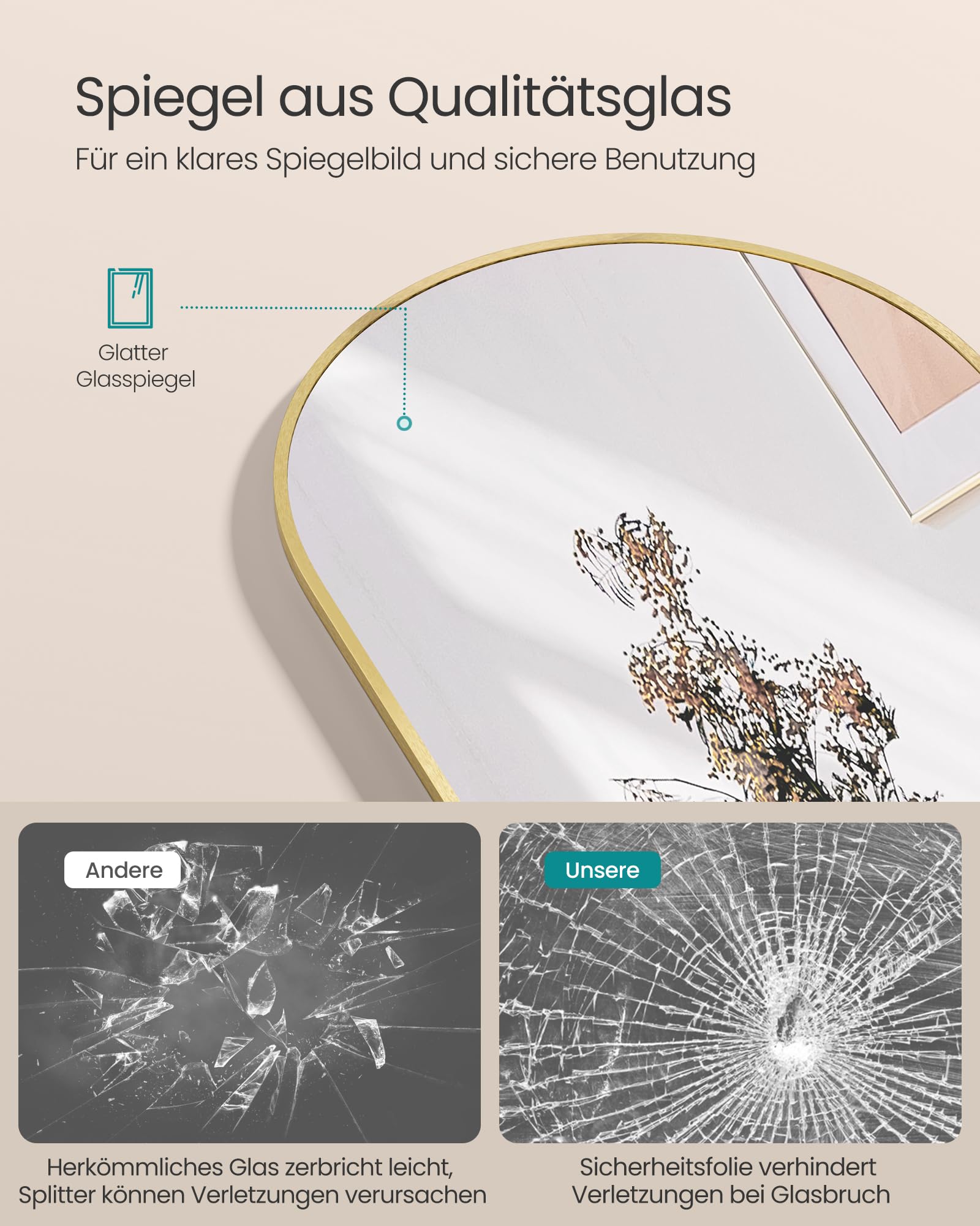 SONGMICS Ganzkörperspiegel, 160 x 50 cm, gewölbter Standspiegel, Rahmen aus Aluminiumlegierung, Hartglas, für Schlafzimmer, Wohnzimmer, Garderobe, blassgold LFM031A01