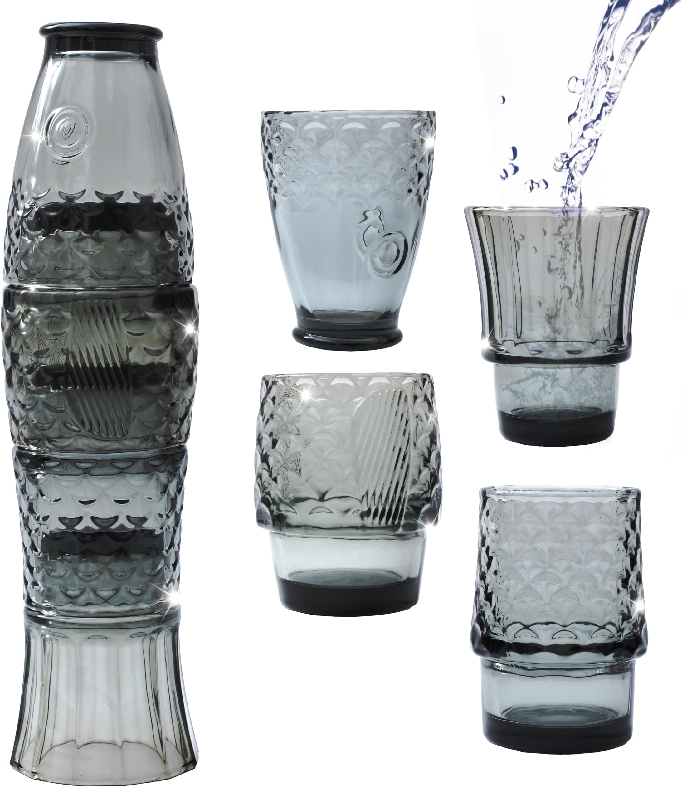 Set of 4 | Handmade Stacking Koi Carp Fish Cocktail Glasses | Drinking Tumblers | Retro Fun Quirky Gift Present | Dinner Party Water Juice Coffee Mugs Cups | 4PCS 250ml (Smoke Grey)