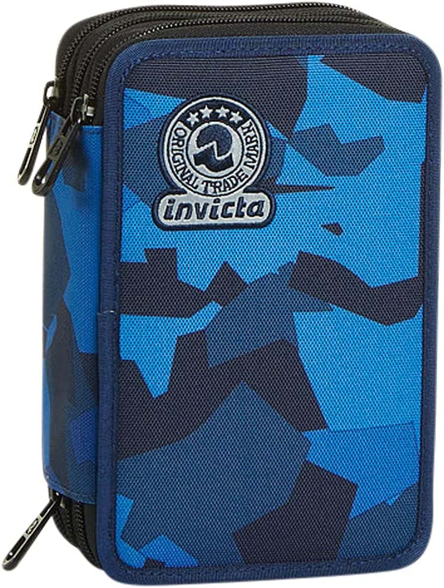 Invicta Astuccio 3 Scomparti, Camo Squared, Blu, Completo Di Matite, Penne, Pennarelli, Scuola Elementari e Medie