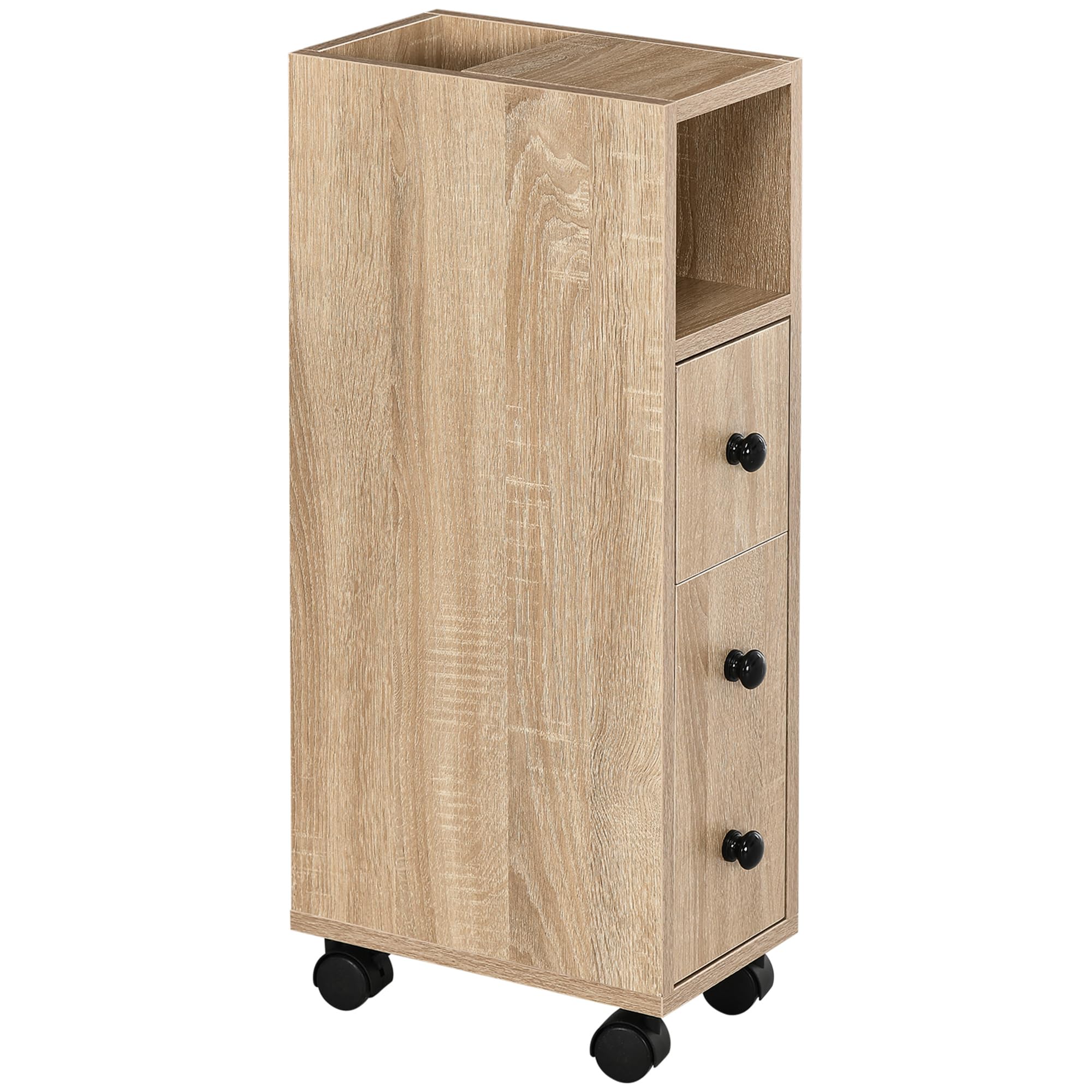 kleankin Armario de Baño con 4 Ruedas Mueble Auxiliar para Baño con Estante Abierto Puerta y Cajón para Espacio Reducido 18x30x68,5 cm Roble