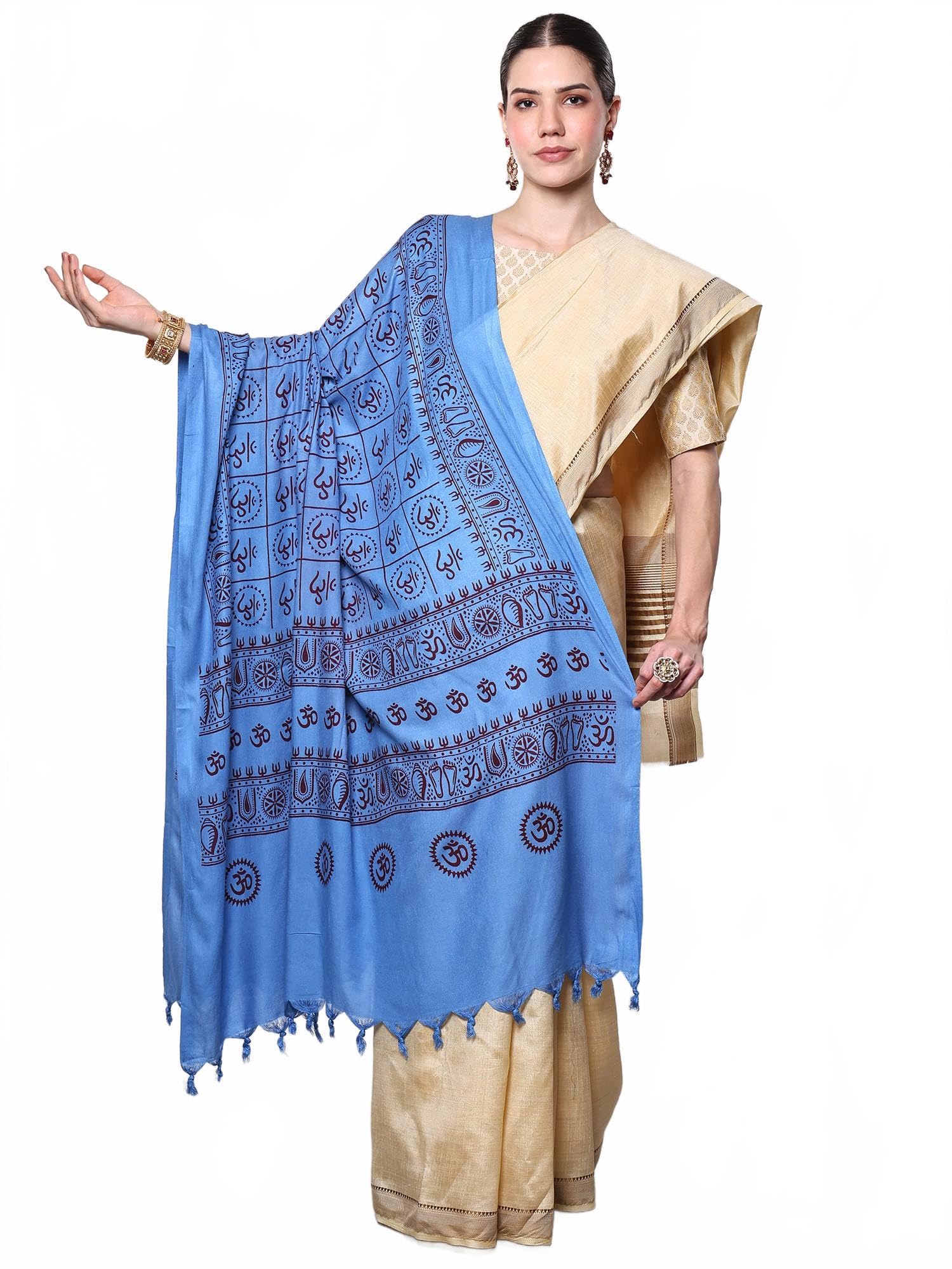 Women's Pure Cotton Prayer Shawl with Printed Om | Religious Aum Print Pooja Mandir Wrap Stole, Scarves-image-18