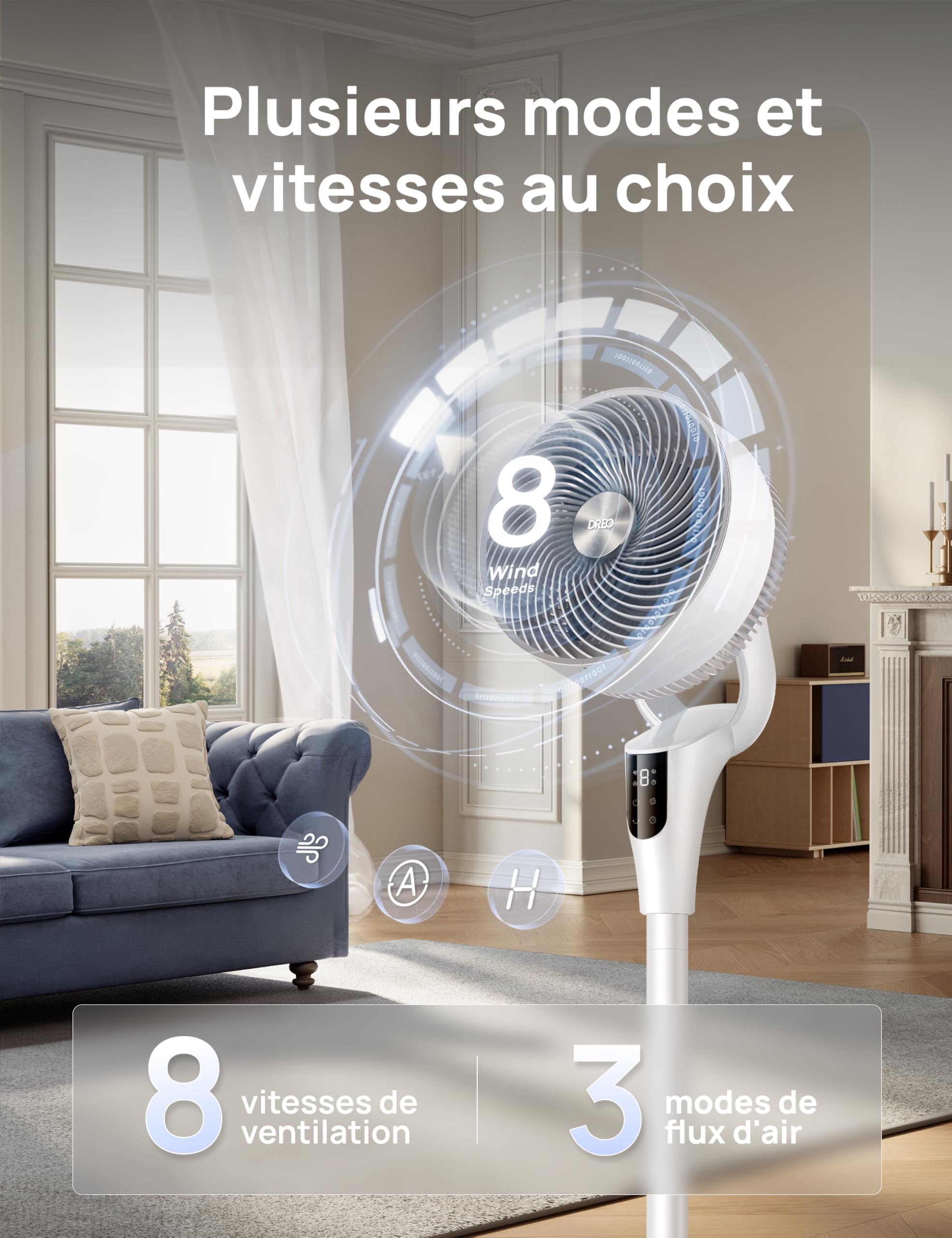 DREO Ventilateur sur Pied Silencieux pour Chambre [Amélioré], Flux d’Air 27m, 20dB, Oscillation 90°, Moteur DC, 8 Vitesses, 3 Modes, Hauteur 96–106 cm, Minuterie 8H, Inclinaison 105°