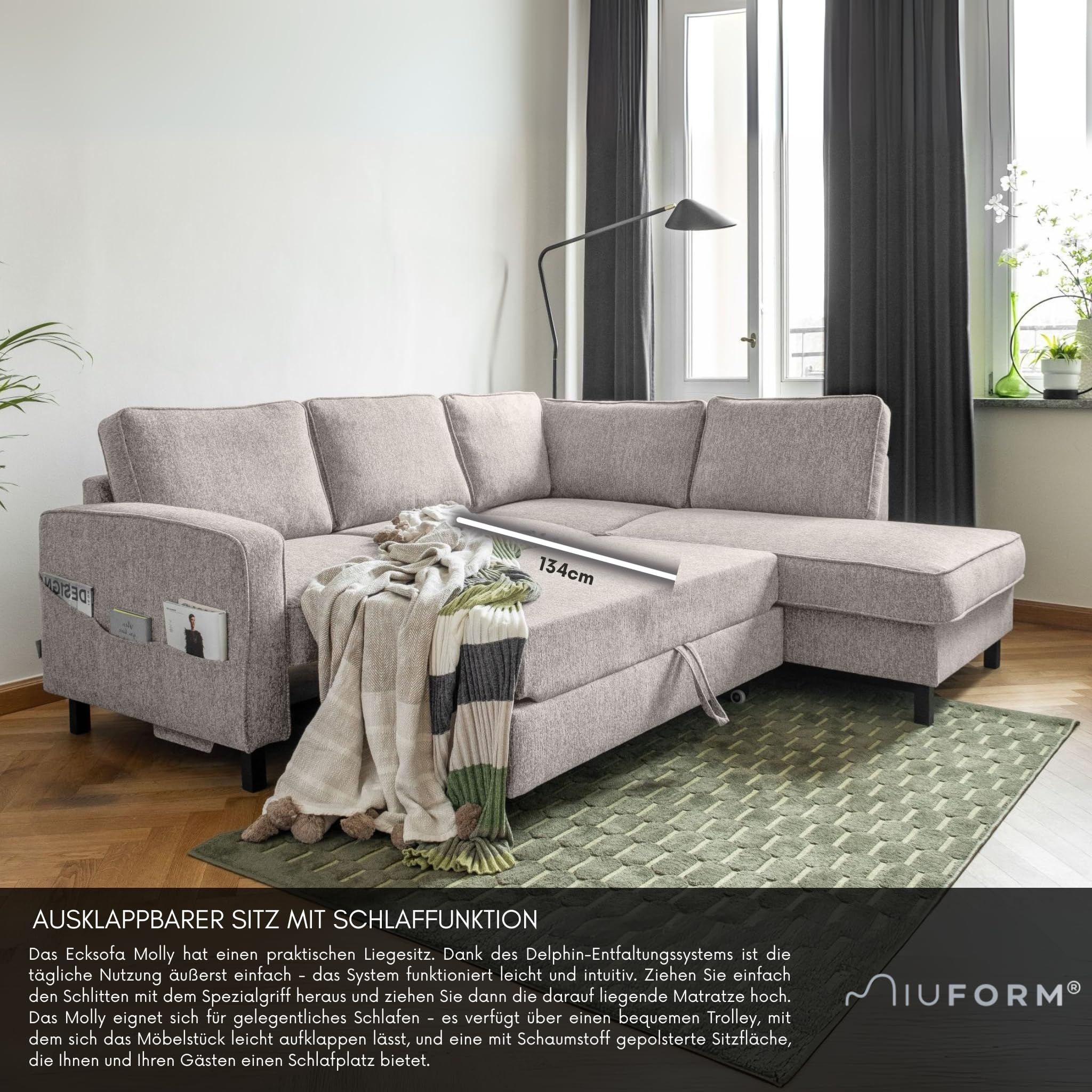 MIUFORM Molly L, 6 Sitzer Ecksofa mit Schlaffunktion, Rechts, Salz&Pfeffer