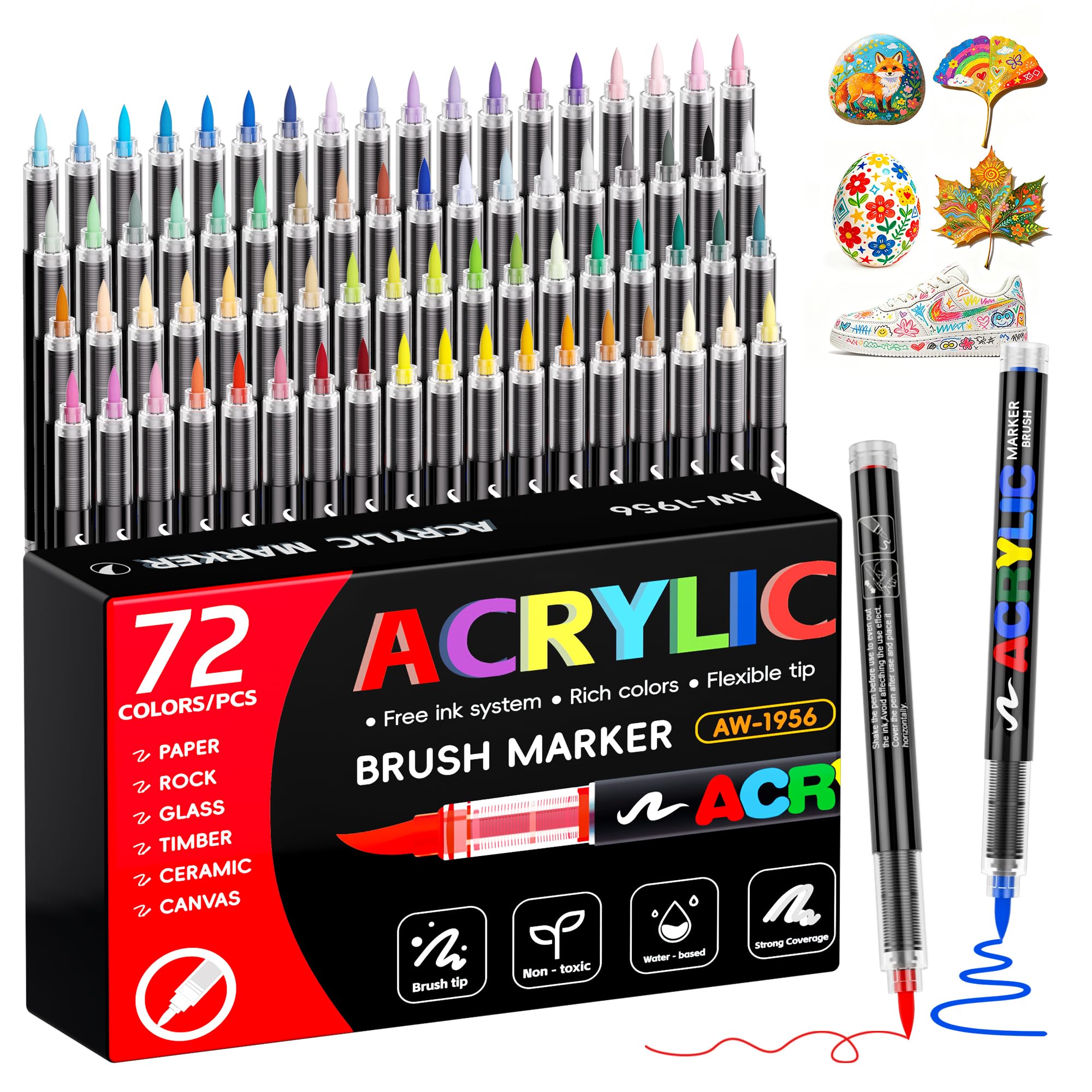 72 Couleurs Feutre Acrylique, Peinture Acrylique, Marqueur Acrylique à pointe pinceau de 1 à 5 mm pour Pierre, Tissu, Verre, Céramique, Toile, Papier, Bois, Oeuf et Décoration, Idée Cadeau