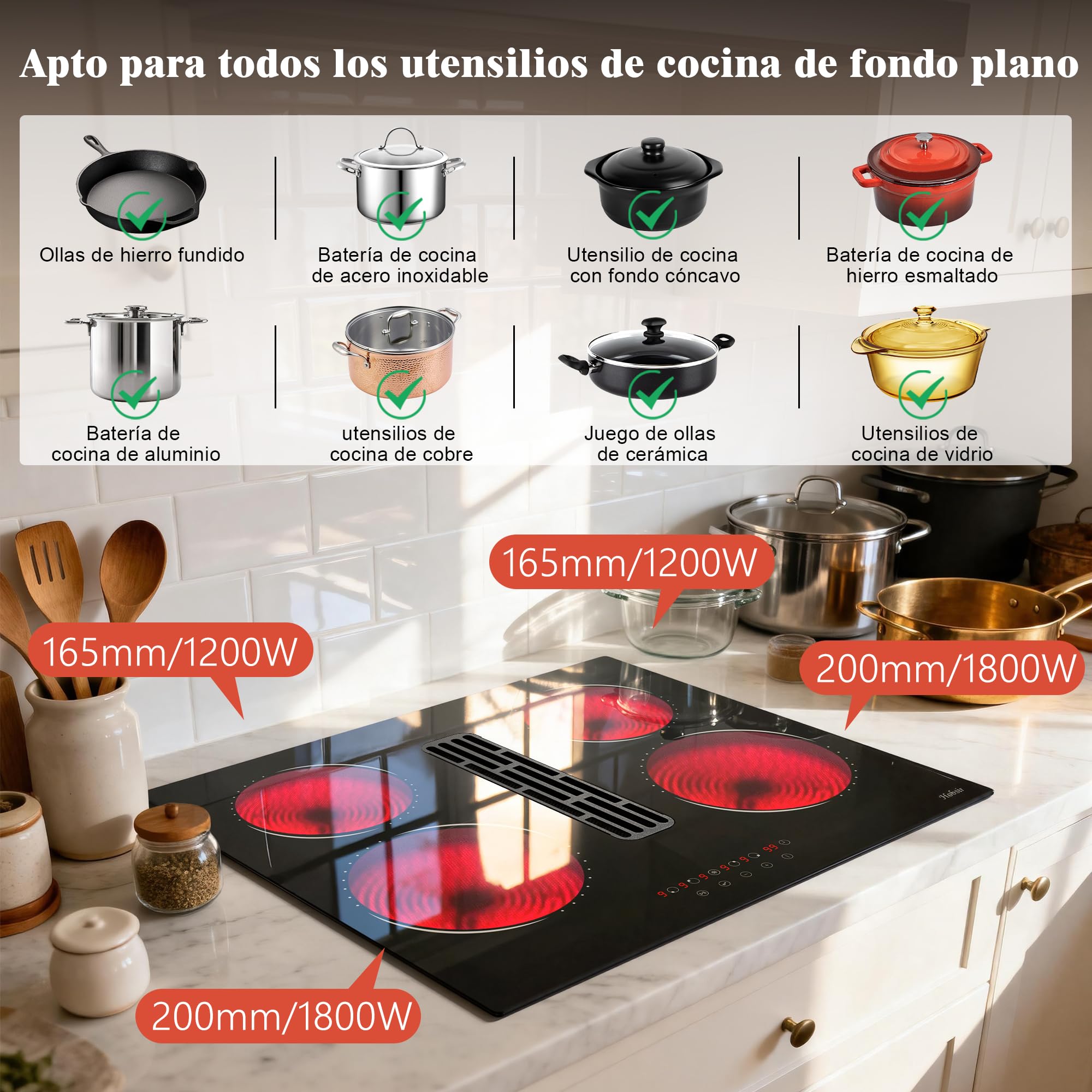 Hobsir Placa Vitrocerámica con Extractor Integrado 60 cm, 4 Zonas, 6000W | Campana con Recirculación, 9 Niveles de Potencia, Función Pausa, Bloqueo Infantil y Temporizador