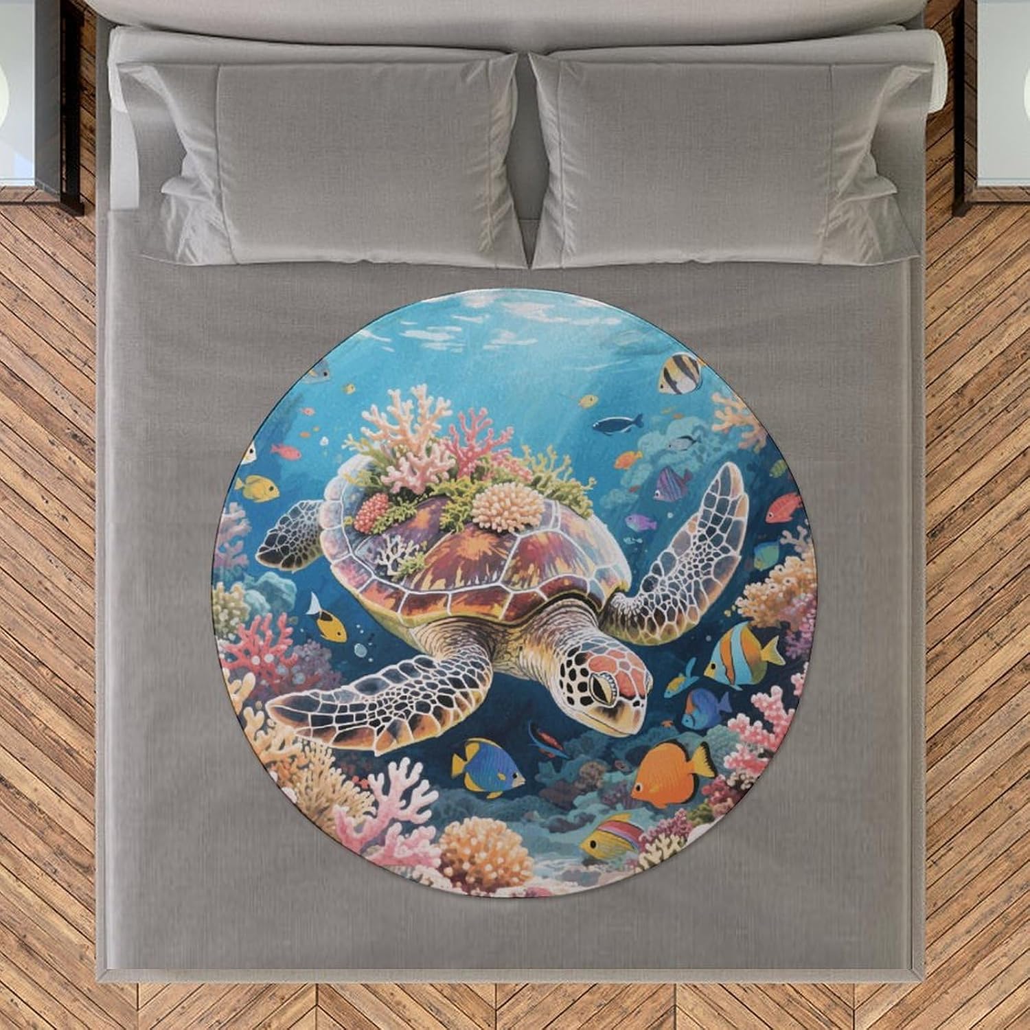 Swimming Turtle in Coral Reef Throw Blanket Round Beach Towel | 59.1 Inch Circular Flannel blanket Large Soft Beach Blanket Lightweight Foldable Beach Towel Throw for Daily Leisure Use