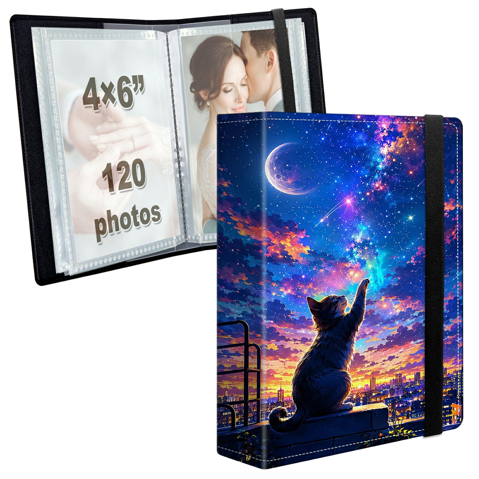 Photo Album 4x6 120 Photos with Strong Elastic Band, Galaxy Night Cat