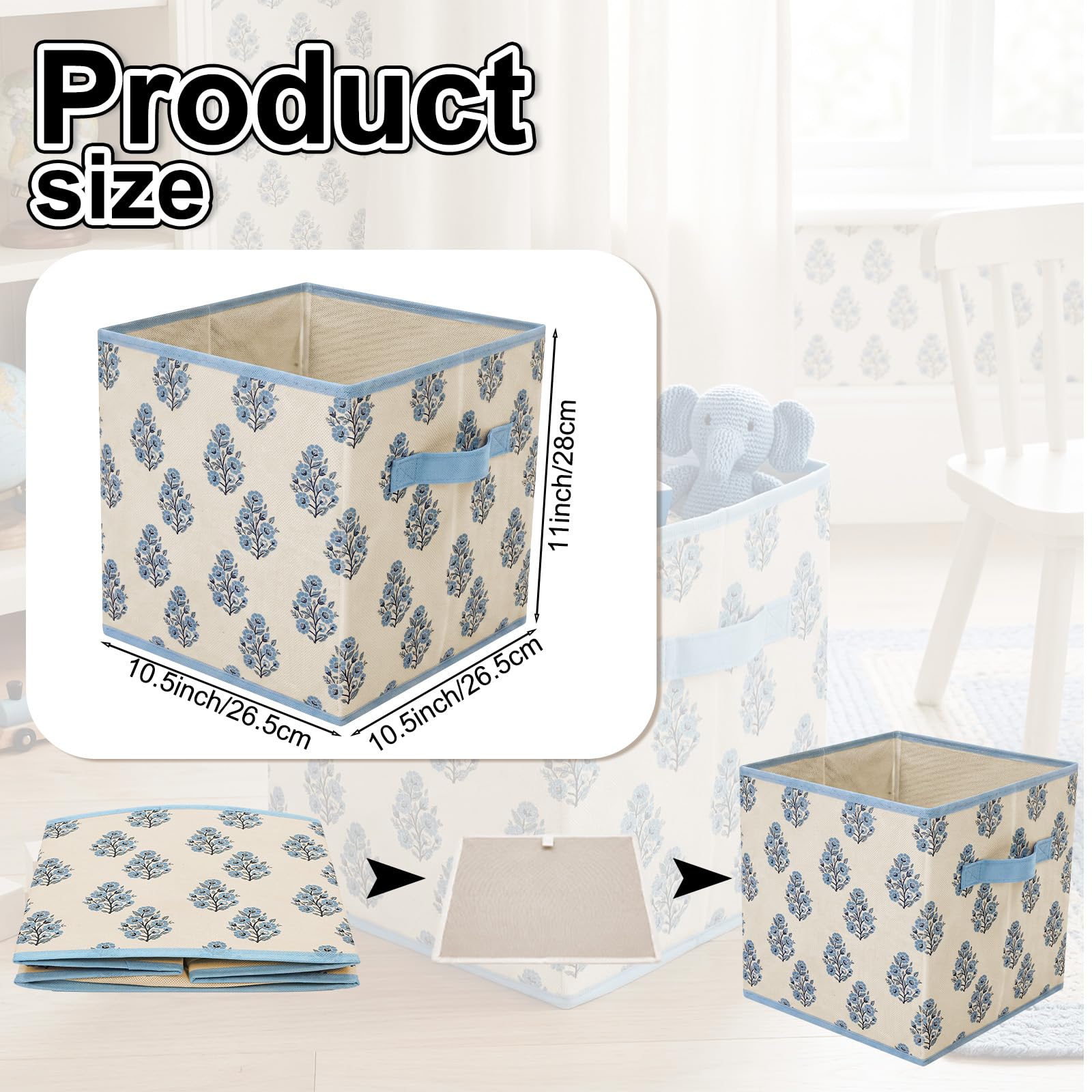 Bokon Aufbewahrungskörbe mit Blumenmuster, 27,9 cm, blau, mit Griffen, blaue Blume, Stoff, Aufbewahrungskörbe, faltbar, für Zuhause, Büro, Klassenzimmer, Regale, Schränke, Kleidung, 6 Stück