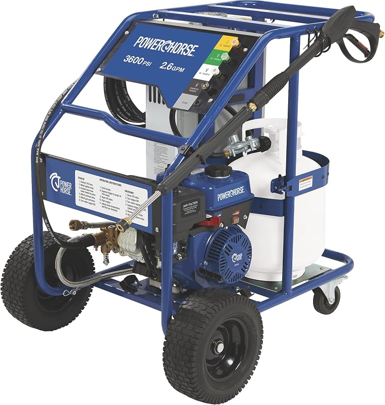 Powerhorse Hot Water Pressure Washer, 3,600 PSI, 2.6 GPM, Propane Burner | Gas engine, Grease and grime removal, Heavy-soil cleaning, Commercial shop use, Jobsite-ready construction