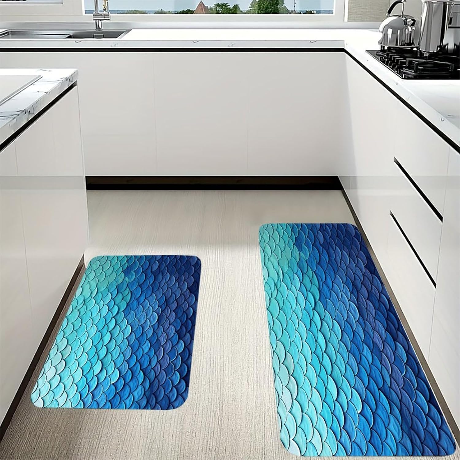 Ocean Sea Blue Mermaid Fish Scale Kitchen Mat Kitchen Rug Set | Kitchen Rugs Flannel Velvety Washable breathable Water Absorbent Soft ，kitchen utensils for Kitchen, Floor,Laundry