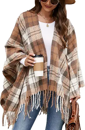 Women's Boho Plaid Poncho Open Front Shawl Wrap Cape with Tassel Fringe