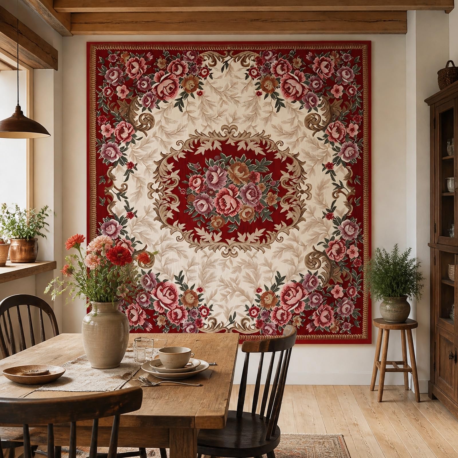 Gobeliny na prezenty na ocieplenie domu, sztuka ścienna, estetyczna dekoracja wnętrz, niestandardowy gobelin 150 x 220 cm, retro kwiatowy czerwony, beżowy, różowy, fioletowy, brązowy,