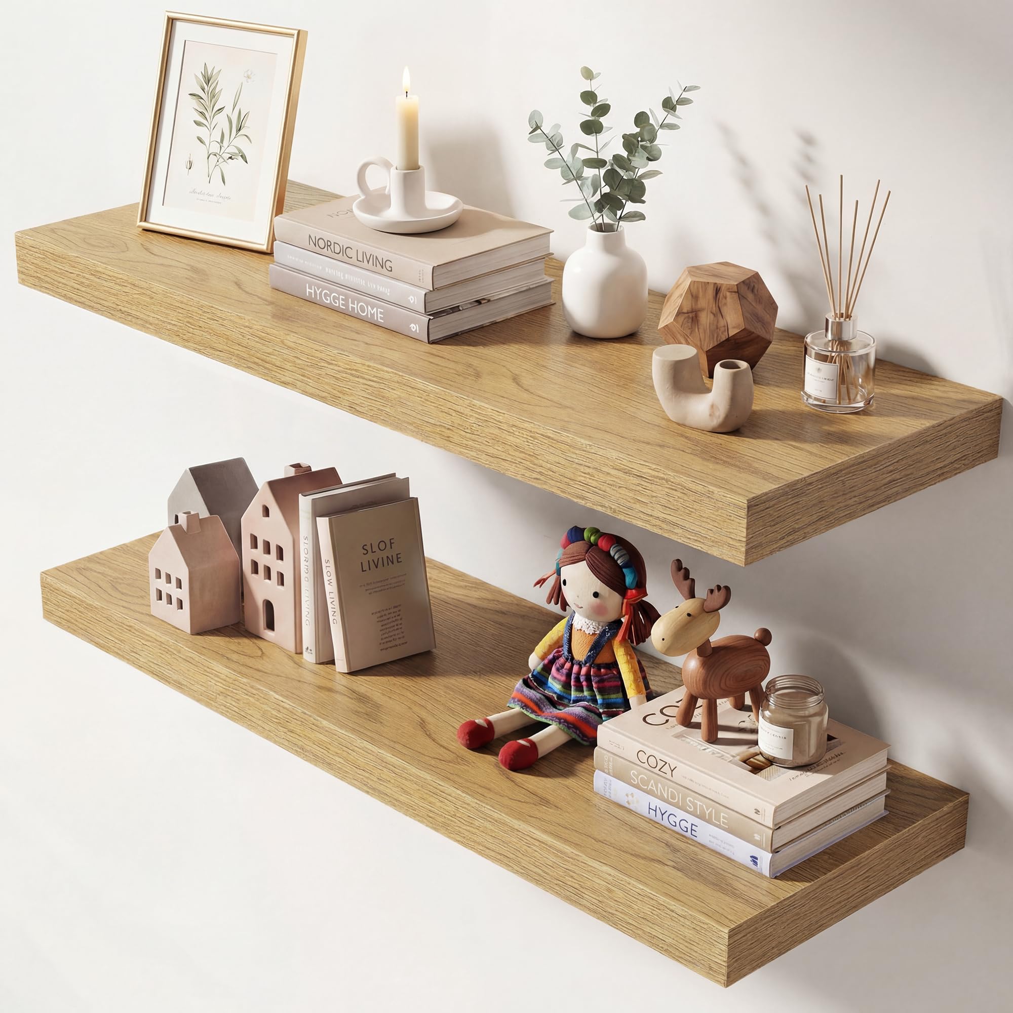 Dreamland 30 Inches Floating Shelves for Wall, 9.3" Deep Long Floating Shelves Set of 2, Large Display &amp; Storage Shelf, Wall Shelf for Bathroom Bedroom Living Room Kitchen Office, Oak