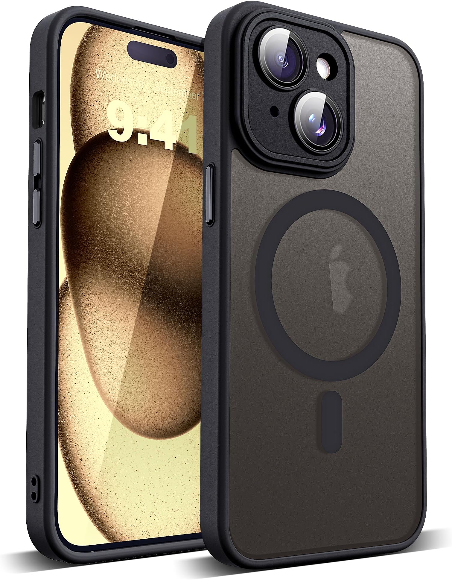 Compatible with iPhone 15 Case with Built-in Camera Lens Protectors Translucent Magnetic iPhone 15 Phone Case 6.1" [Compatible with Mag-Safe][Great Grip Feeling], Black