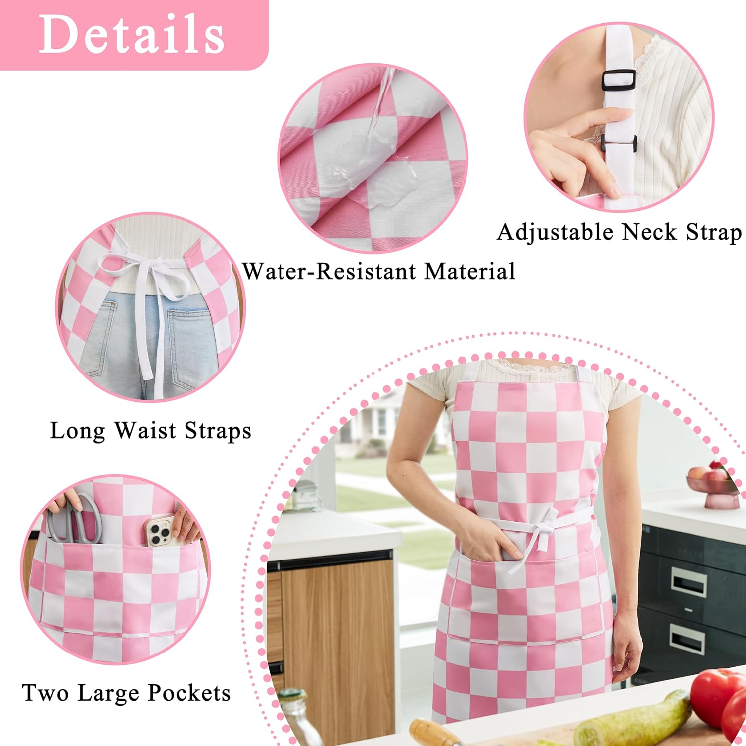 2 Pack Checkered Kitchen Apron, Pink Checkerboard Aprons for Women with Pockets Cute Aesthetic Trendy, Chef Apron for Men, Waterproof Aprons for Cooking - Image 3