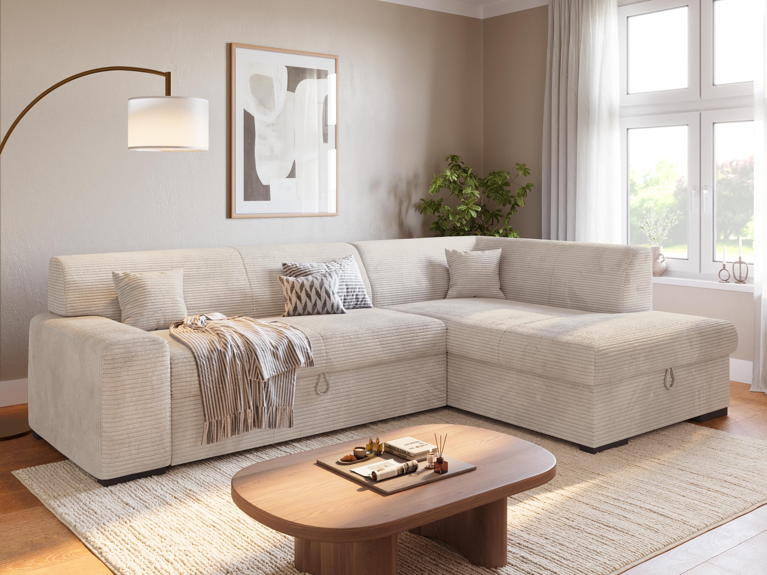 BROMARKT Ecksofa mit Schlaffunktion 260 cm L Form Vanille Rechts Seite Couch Sofa mit Bettkasten Schlafcouch Schalsofa 3 sitzer Eckcouch Sofabett Wohnlandschaft Cordstoff