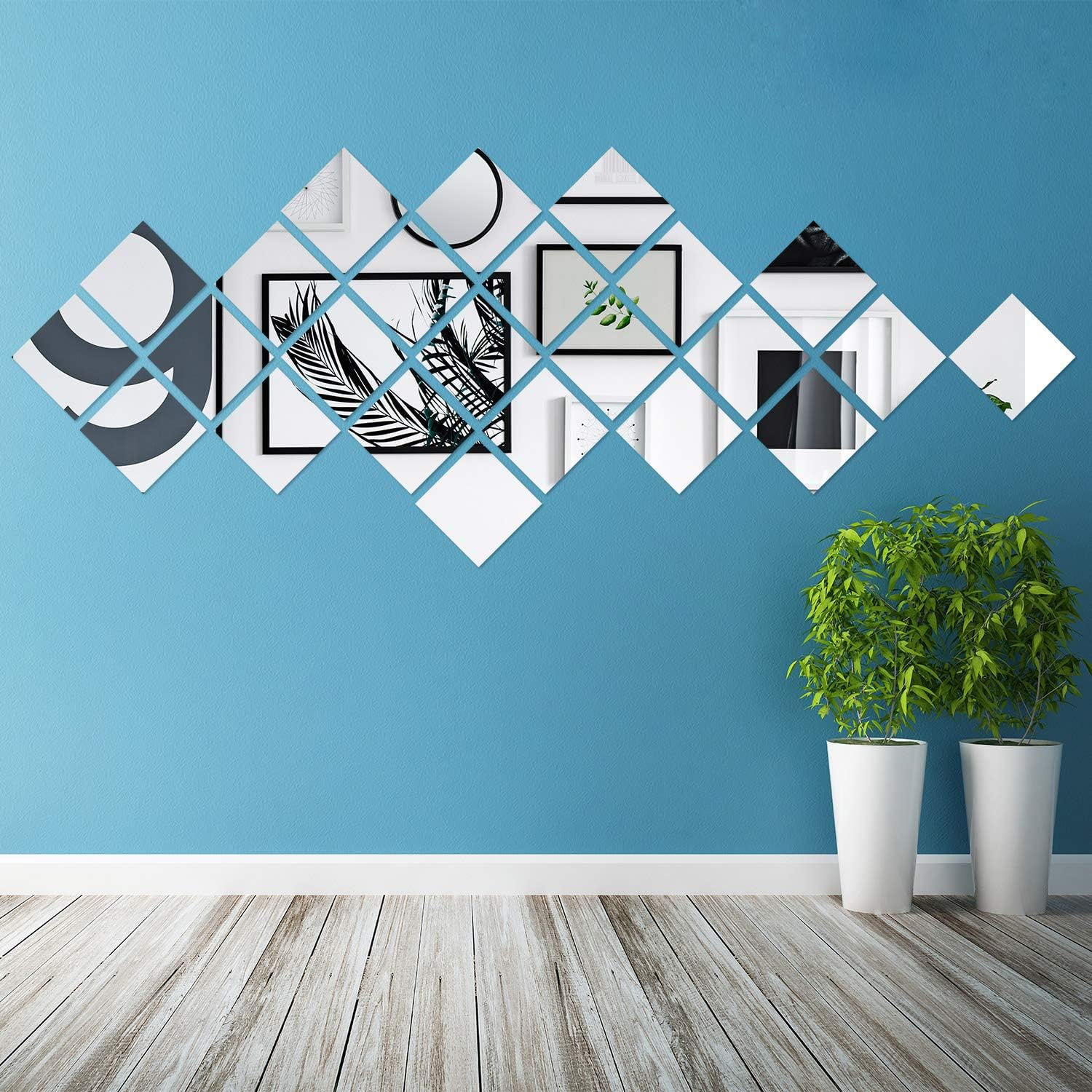 Mirror Wall Stickers, 12 Pcs Square Mirror Big Size Removable Art DIY Home Decorative Acrylic Mirror Sheet Plastic Mirror Tiles for Home Living Room Bedroom Sofa Background Decal Decoration Murals