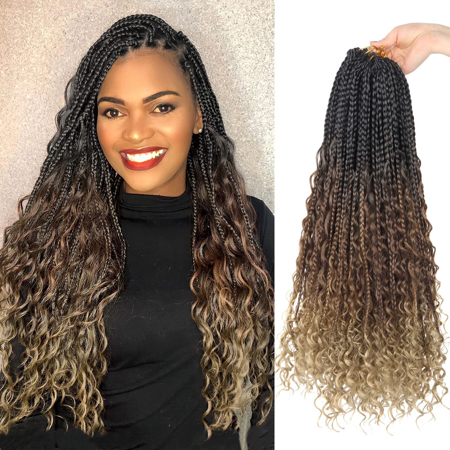 Goddess Box Braids Crochet Hair With Curly Ends 22 Inch Bohomian Box Braids Crochet Braids 8 Packs 3X Crochet Braids Synthetic Braiding Hair Extension
