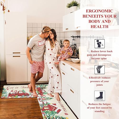 Miniatura 7 de U'Artlines Juego de 2 tapetes de cocina de Navidad, diseño de gnomo a cuadros negros, antifatiga, antideslizante, acolchados, cómodos, tapetes de