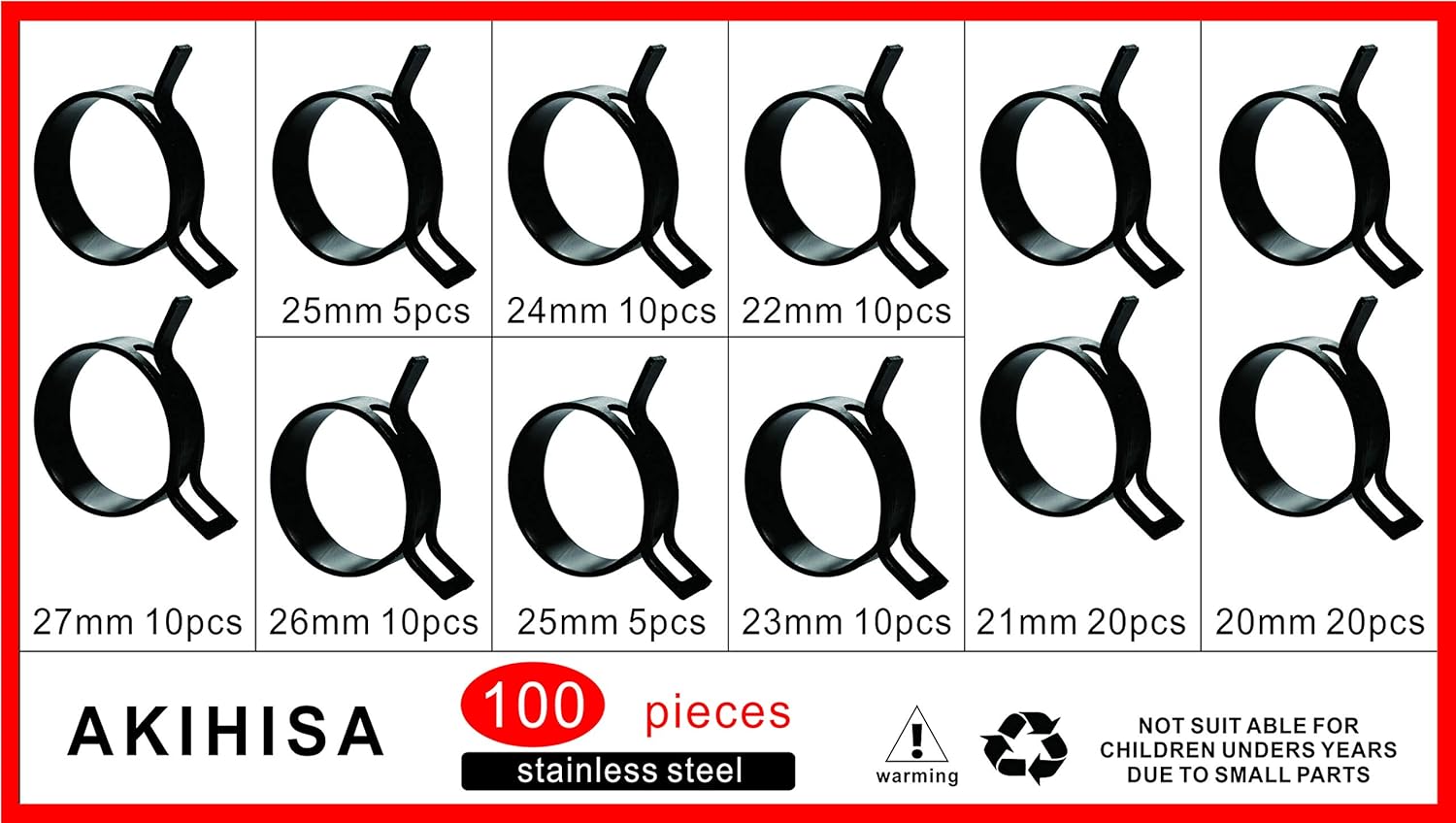 Black Friday Clearance AKIHISA 100 Pcs 20mm-27mm Range 8 Sizes Spring Band Clamp,for Fuel Line-Silicone Vacuum Low Pressure Air Tube Clamp Fuel Line Clamp