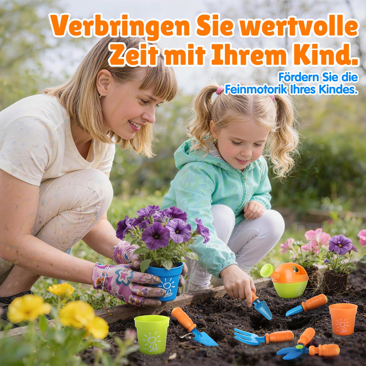 PLAY Gartenwerkzeug Kinder Set,Gartengeräte mit Schaufel, Gabel, Schere, Blumentopf, Gießkanne, Schild und Aufbewahrungsbox, Gartenset Kinder für Kinder ab 3 Jahren