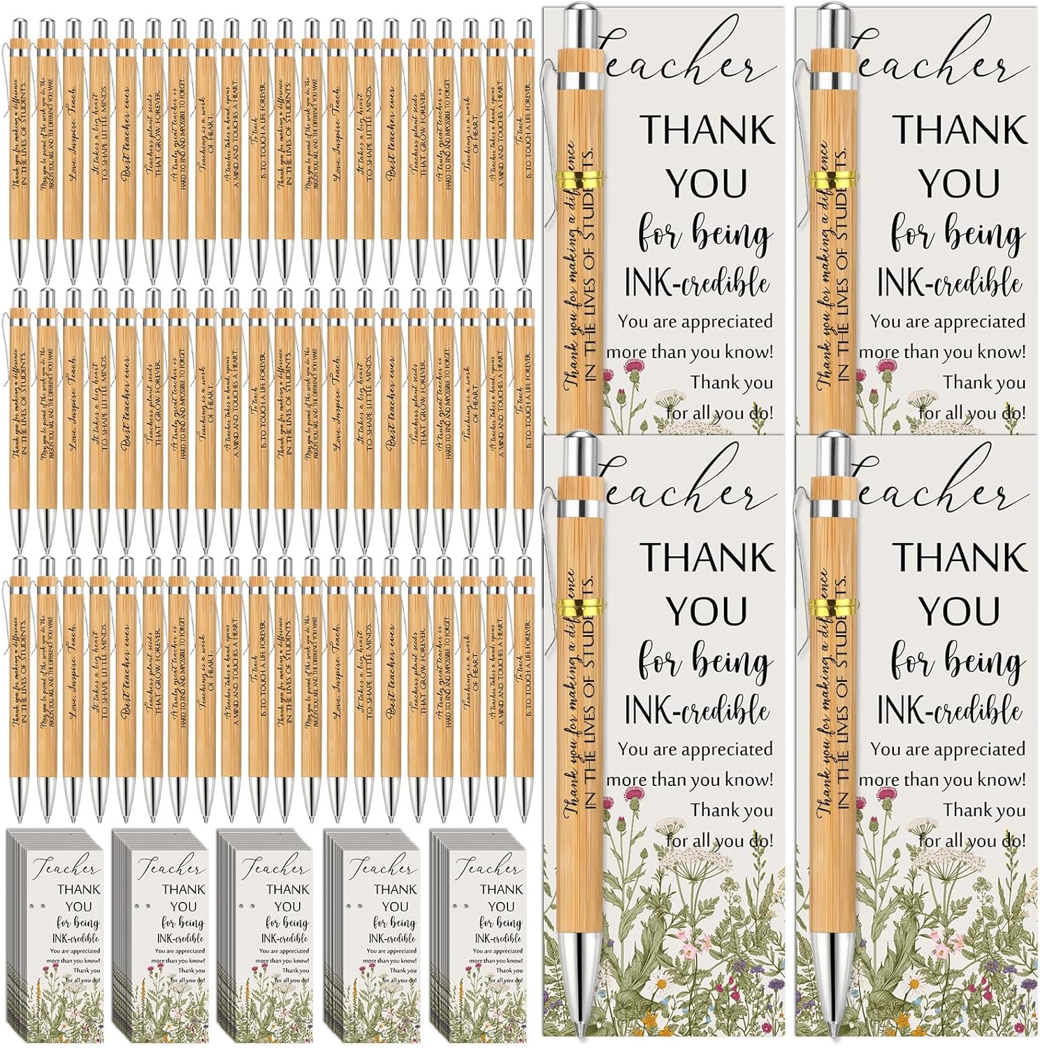 Spakon 100 set Teacher Appreciation Gifts Include 100 Bamboo Pens and 100 Cards with Gold Cable Tie for Teachers' Day Teacher Appreciation Week Gift Staff Team Office School Supplies