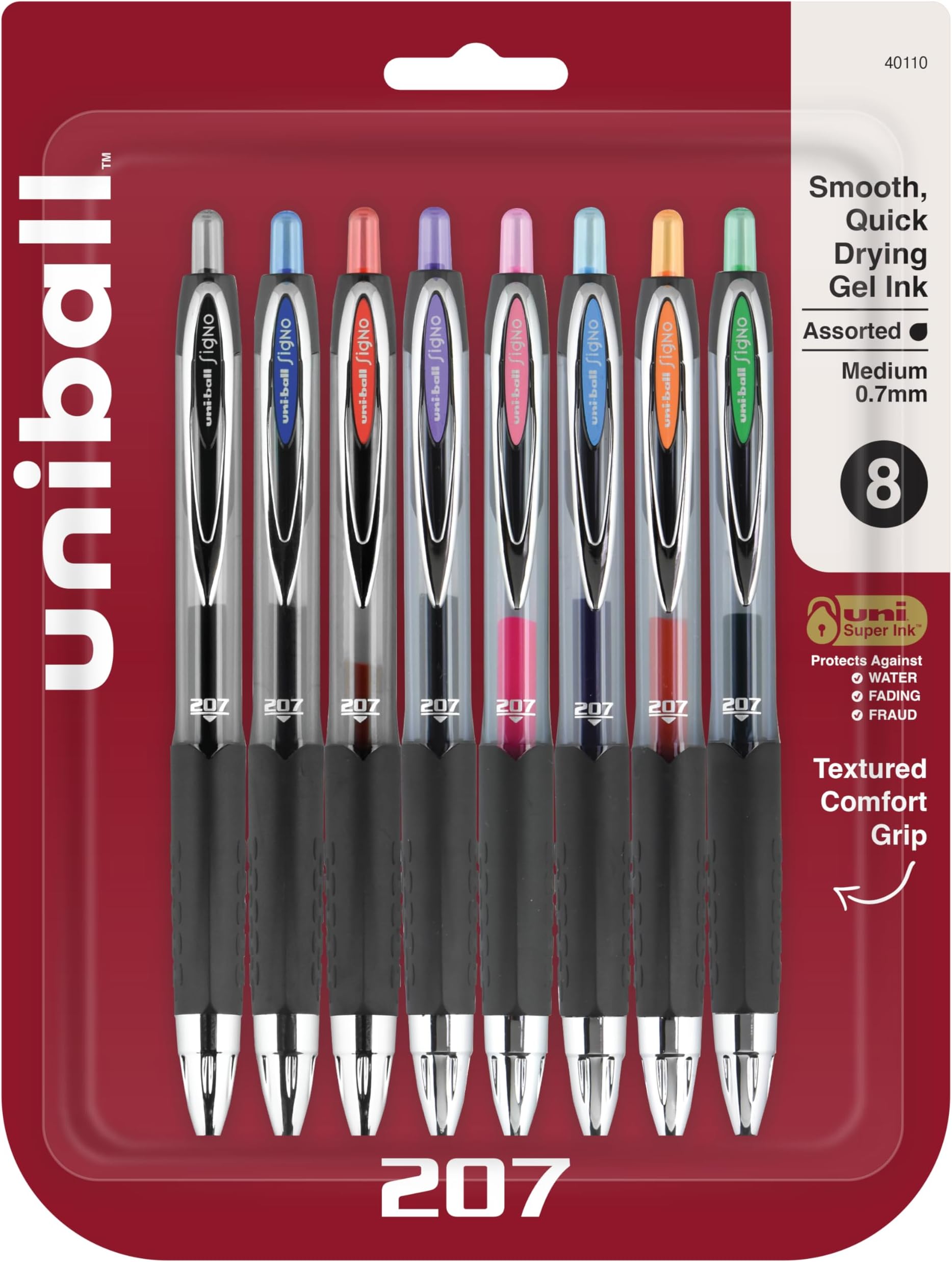 40110 Signo Gel 207 Roller Ball Retractable Gel Pen Assorted Ink Medium 8/Set
