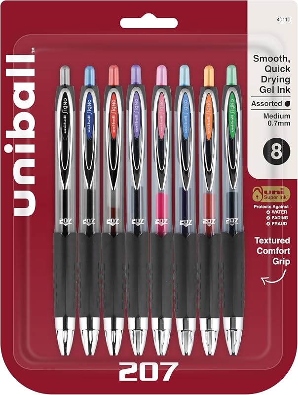 uni-ball : Signo Gel 207 Retractable Roller Ball Pen, Assorted Ink, Medium, 8 per Set -:- Sold as 2 Packs of - 8 - / - Total of 16 Each
