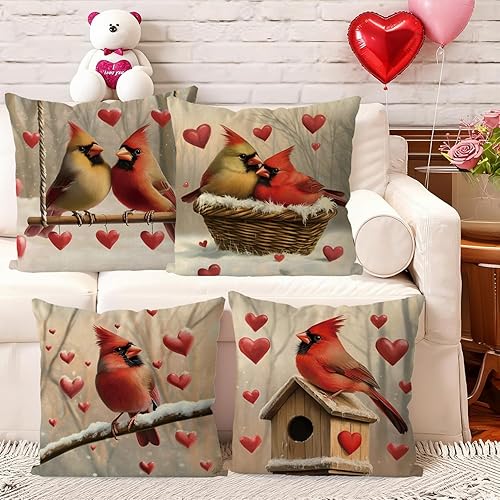 Miniatura 7 de Juego de 4 fundas de almohada para el día de San Valentín de 18 x 18 pulgadas, juego de 4 fundas de almohada cardenales con corazones de amor,