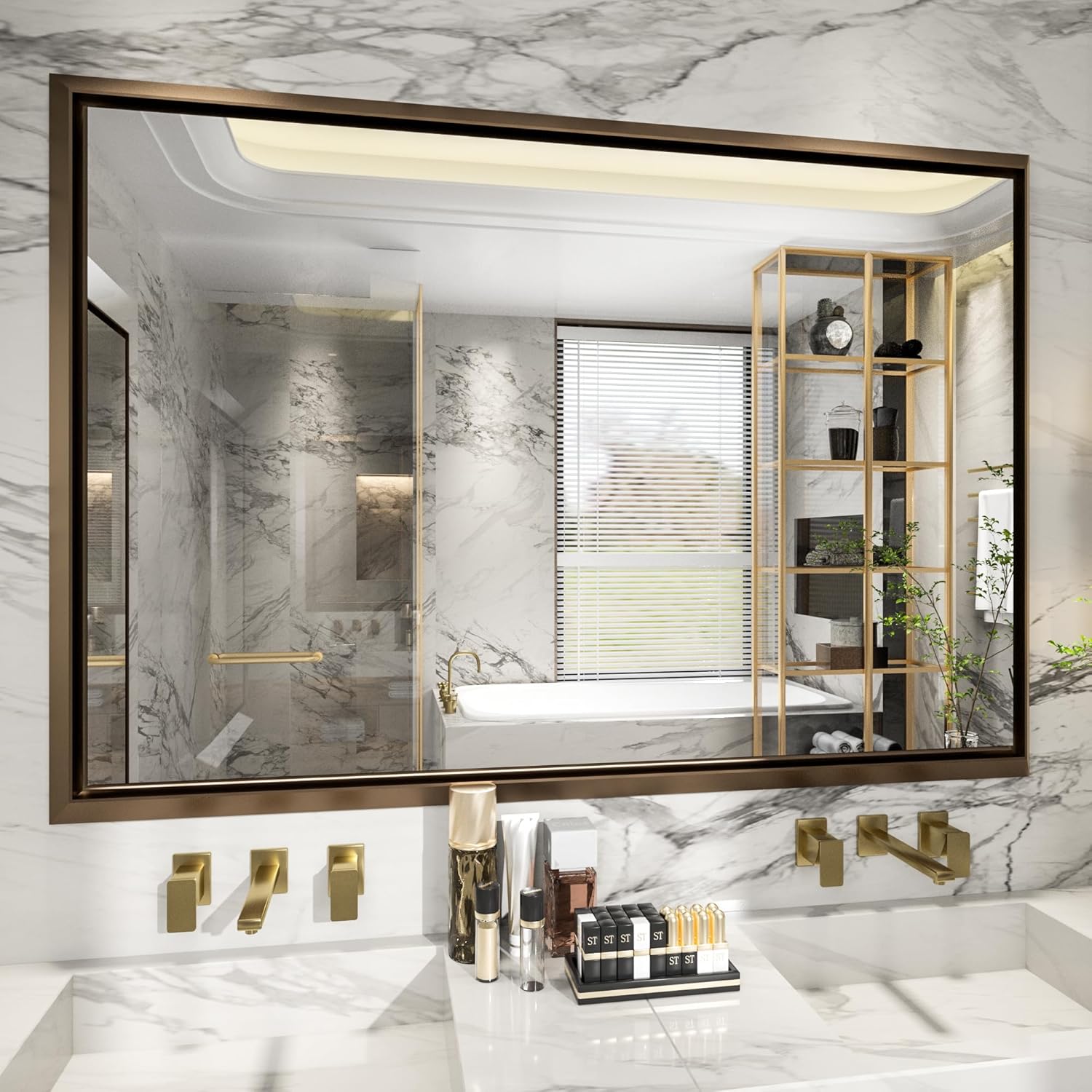 PILOCOS 48 x 30 Inch Bronze Framed Mirror for Bathroom