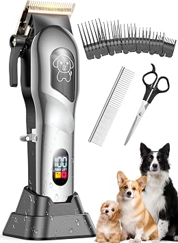 Dog Clippers for Grooming, Dog Grooming Kit for Heavy Thick Hair, Low Noise Cordless Pet Hair Trimmer with Stainless Steel Blade, Professional Rechargeable Hair Trimmer for Dogs and Cats M-Silver