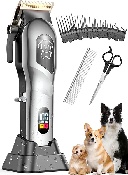 Dog Grooming Kit, Dog Clippers for Grooming for Heavy Thick Hair, Low Noise Cordless Pet Hair Trimmer with Stainless Steel Blade, Professional Rechargeable Hair Trimmer for Dogs and Cats
