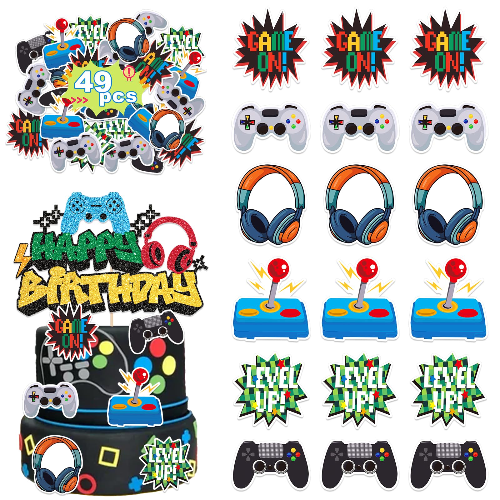 49 PCS Video Game Cupcake Toppers Birthday, Glitter Video Game Theme Cake Topper, Decorations Cake Decor Party Supplies for Games Fans Kids and Men