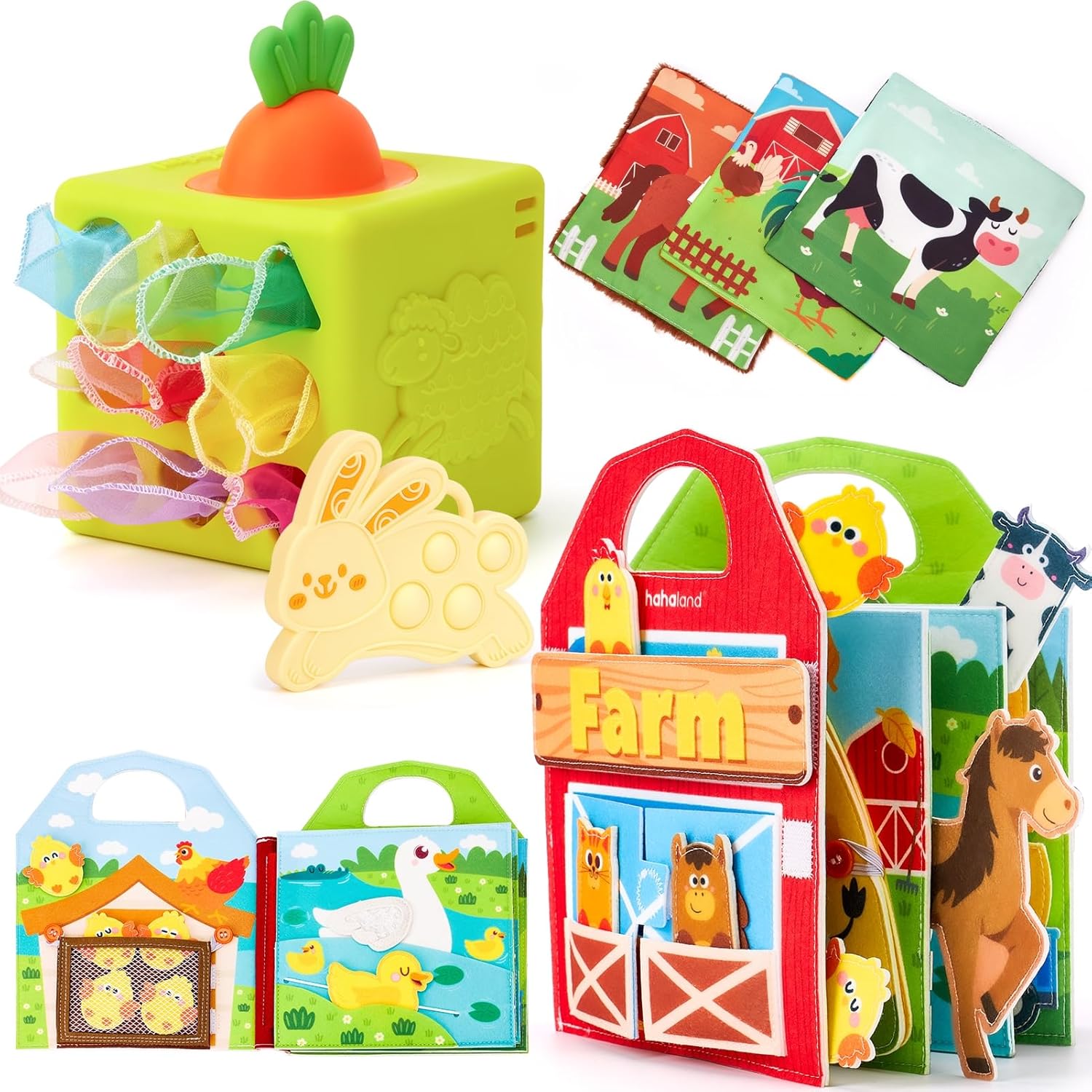 hahaland Busy Board for 1 Year Old - Farm Animals Quiet Busy Book for Toddlers 1-3 and Baby Tissue Box Toy - Silicone Baby Toys 6-12 Months, Montessori Toy for Boy Girl Gifts