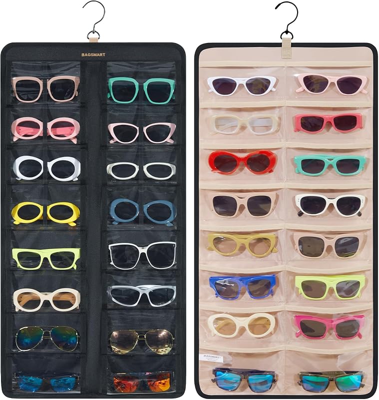 BAGSMART Organizador de joyas para colgar, estuche de almacenamiento para lentes de sol a prueba de polvo, montado en la pared, estuche para lentes de viaje de doble cara, varios pares, soporte para anteojos con 32 ranuras transparentes y gancho de metal, negro
