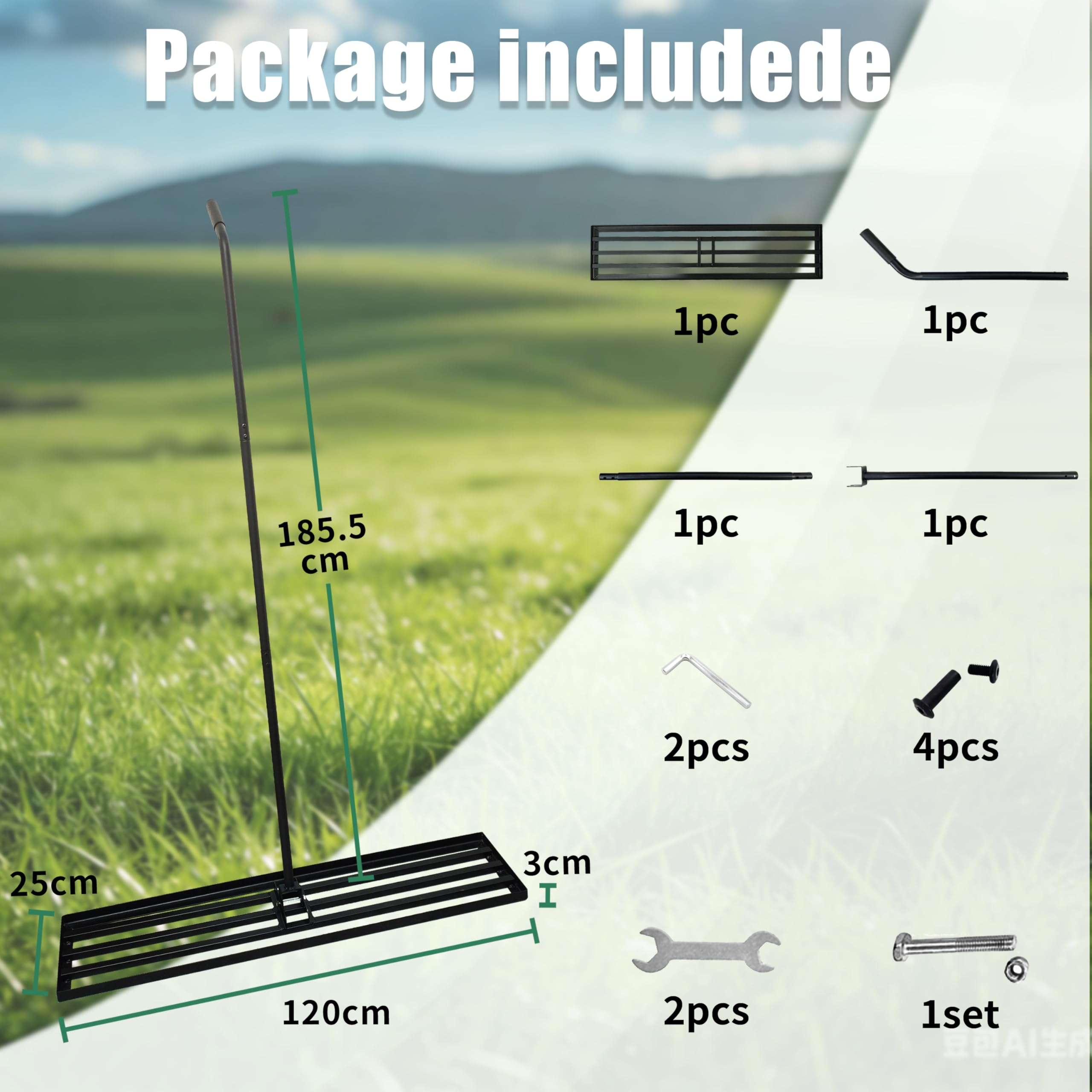 Rasenrakel 120cmx25cm, Schwerer Nivellierrechen mit Ergonomischem Gebogenem Griff, Rasenrechen für Erde, Kies, Dünger, Ideal für Garten, Hof und Golfplatz (185cm)