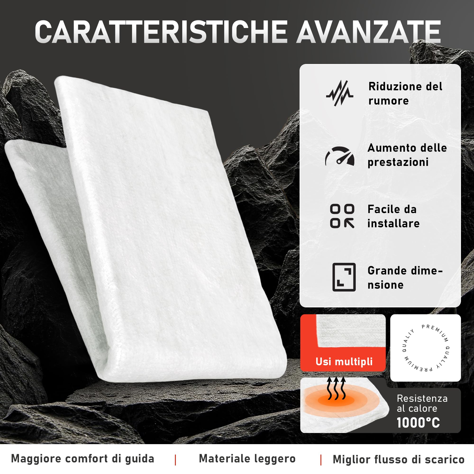 Lana di Vetro 50x75 cm - Spessore 8 mm | Resistente fino a 800 °C | Lana di Vetro per Marmitte | Adatta per Enduro, Quad e Scooter (Pack 2)