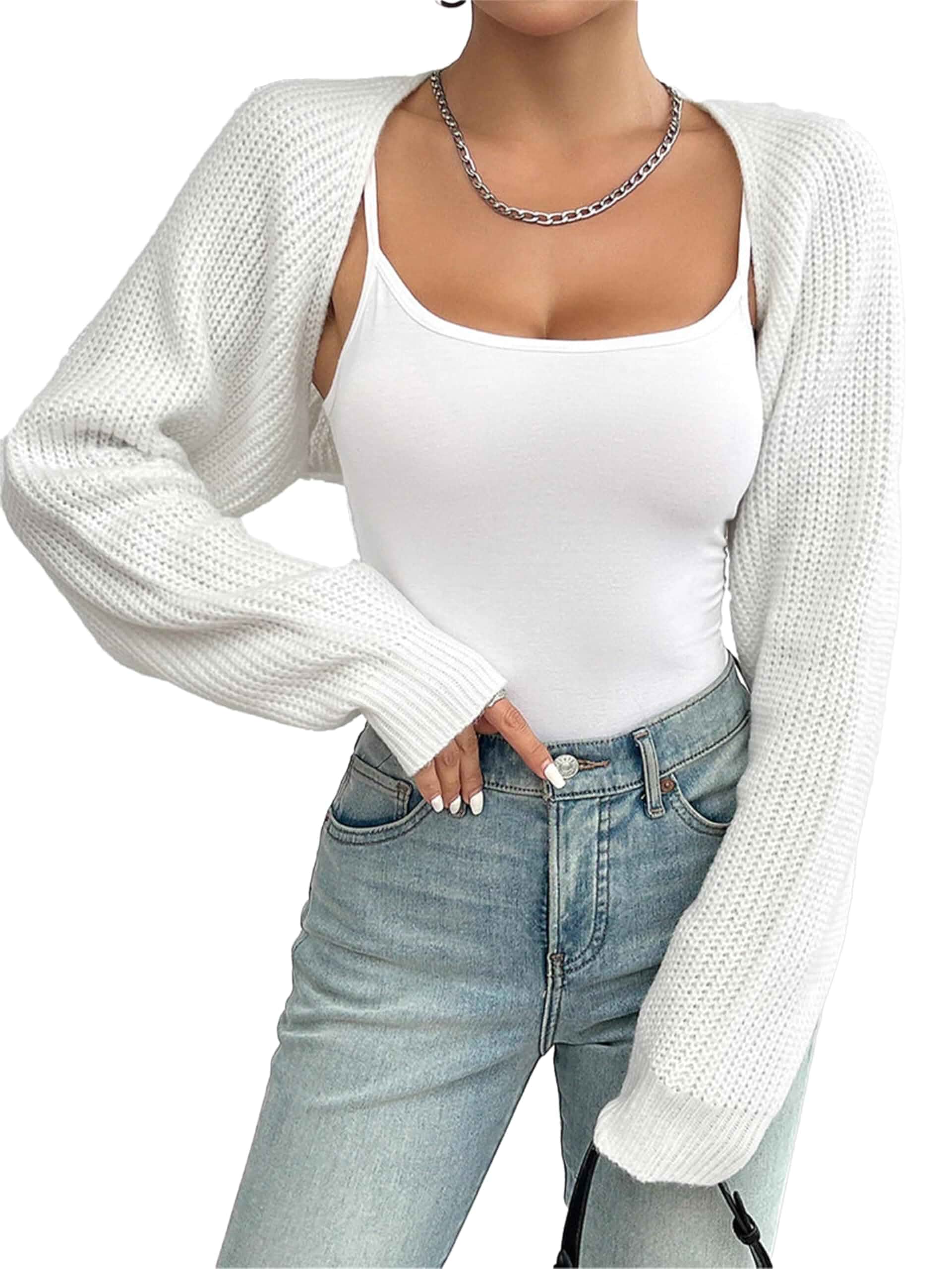 Womens Bolero Shrug Cropped Cardigan Y2K Long Sleeve Half Sweater Crochet Open Front, Drop Shoulder Knit Short Cardigans for Women, Crop Top Sweater, Cute Bolero Shrugs for Dresses