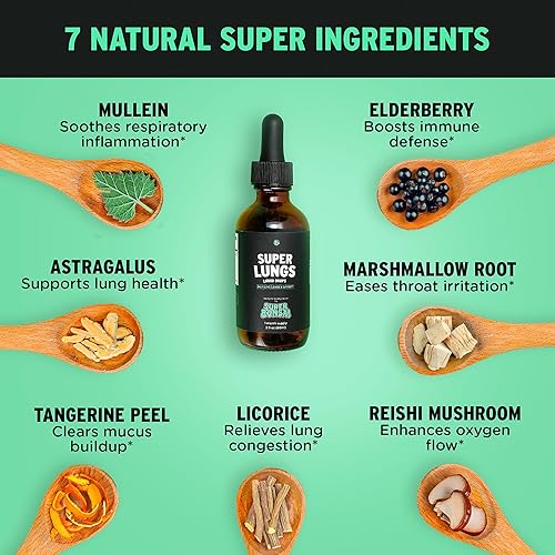 Miniatura 4 de SuperBonsai Super Lungs Mullein Drops - Tintura de apoyo pulmonar a base de hierbas con extracto de hoja de gordolobo saúco Reishi raíz de