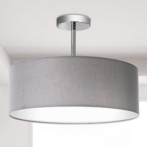 Ceiling Light, Semi-Flush Mount Modern Fabric Pendant Light Shade, 17.7" Large Grey Drum Lampshade Drum Chandelier, Round Pendant Lamp, Lamps for bedrooms, Flush Chrome Matt, 3 Bulbs