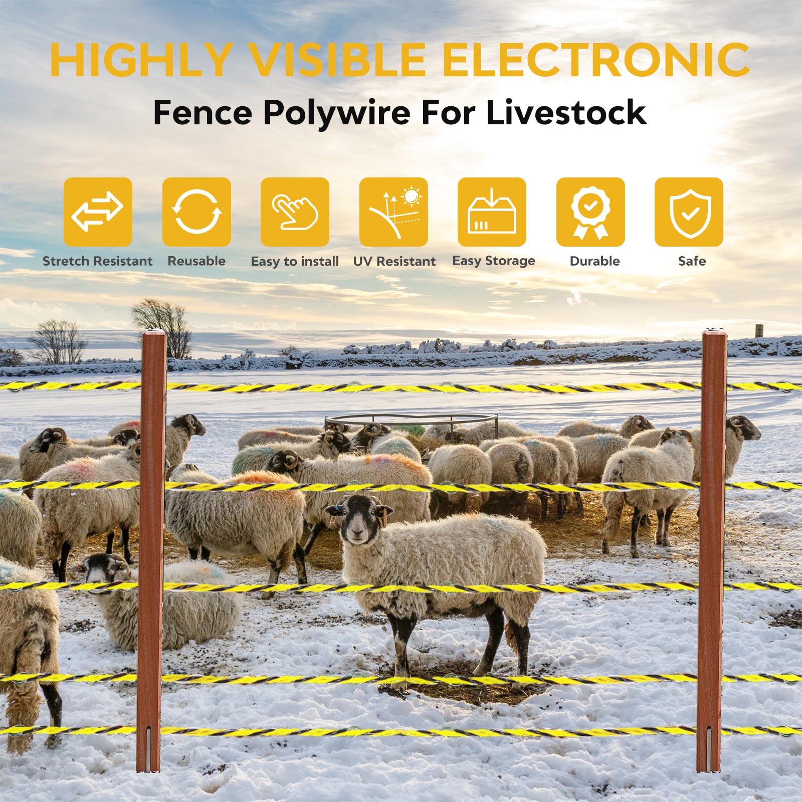 Cuerda para Cerca Eléctrica 500m, 3,0mm, 9 Hilos de Acero Inox & 33 Fibras PE, Negro-Amarillo, Para Caballos, Ganado, Cabras, Perros y Protección de Cultivos