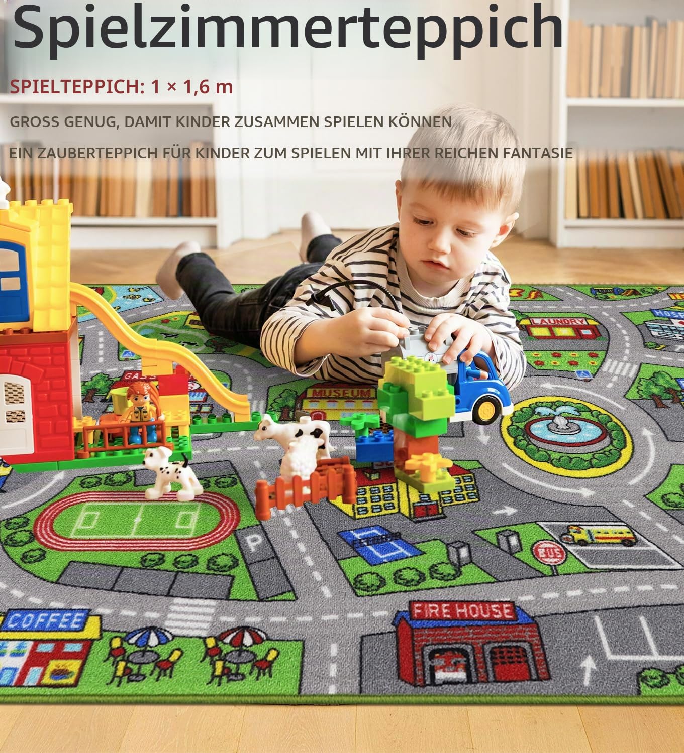 Capslpad Autoteppich Kinder 100x160cm rutschfest Kinderteppich Stadtplan Interaktiver Spielteppich Waschbar Kreativ Pädagogisch Spielmatte für Kinder Teenager Kinderzimmer Spielzimmer Dekor, Grün