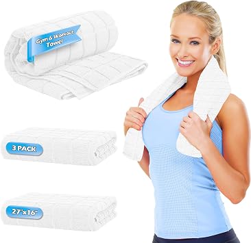 HOMERHYMRE Microfiber Workout Towels, 3 Pack White Gym Sweat Sports Towel for Yoga, Tennis, Running, Exercise, Working Out, Camping, Quick Dry, Highly Absorbent, for Women & Men, 16 x 27 Inch