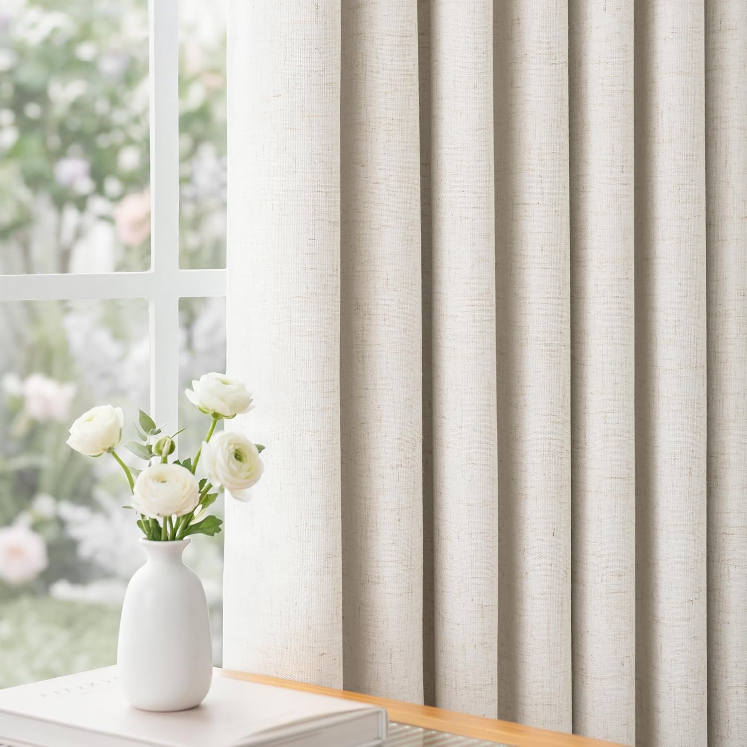 THREE GIRLS Pinch Pleated Blackout Curtains for Bedroom – 100% Light Blocking Linen Blend Curtains, Thermal Insulated Drapes 40"x84", Natural Beige (2 Panels)