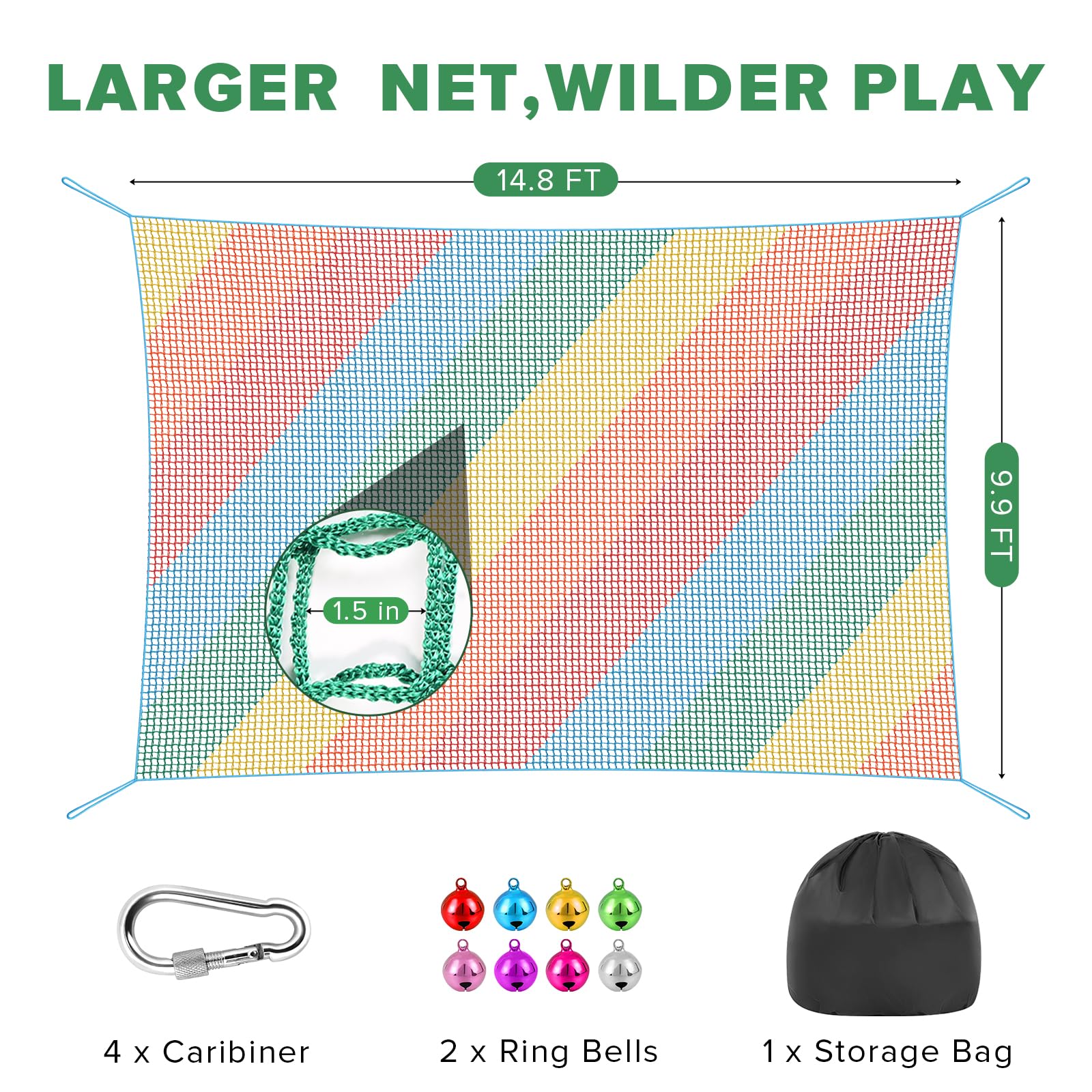 TOPNEW Double Layers Climbing Cargo Net - 9.9FT x 14.8FT Heavy Duty Playground Safety Net for Kids Backyard, Tree Fort & Jungle Gyms | Treehouse Accessories with Storage Bag & Carabiners(Coloured)