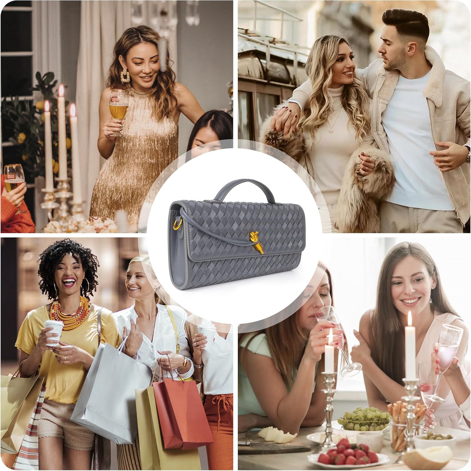 Joryin Woven Purse For Women Evening Clutch Woven Leather Handbags Crossbody Bag Suede Purse Formal Evening Bag, Slate Gray - Image 8