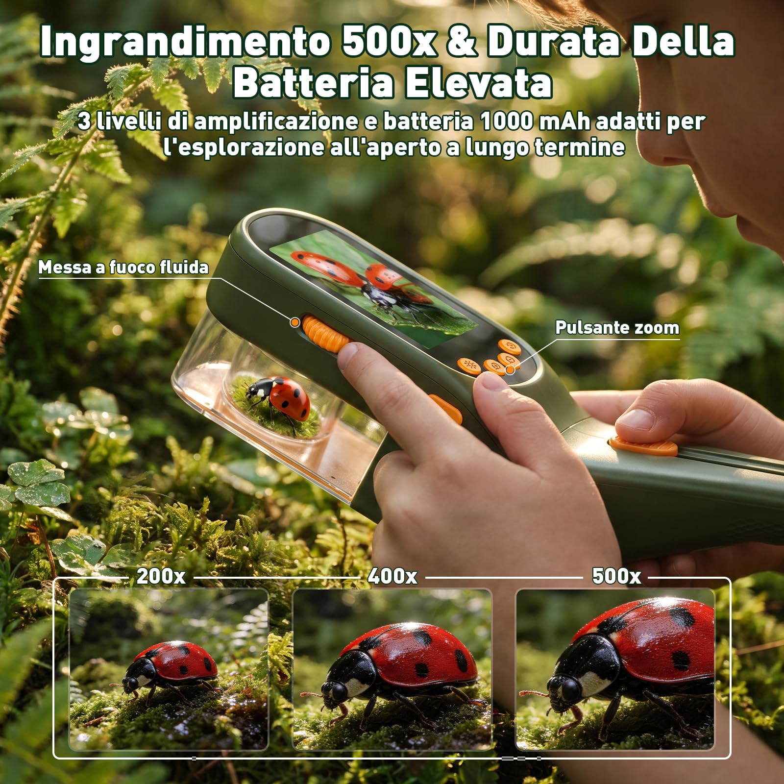 Kit Insetti per Bambini con 500X Schermo, Scatta Foto e Video | Cattura Insetti Kit Esploratore, Lente Ingrandimento con Pinzette, Raccoglitore Insetti, per l'esplorazione Della Bambini